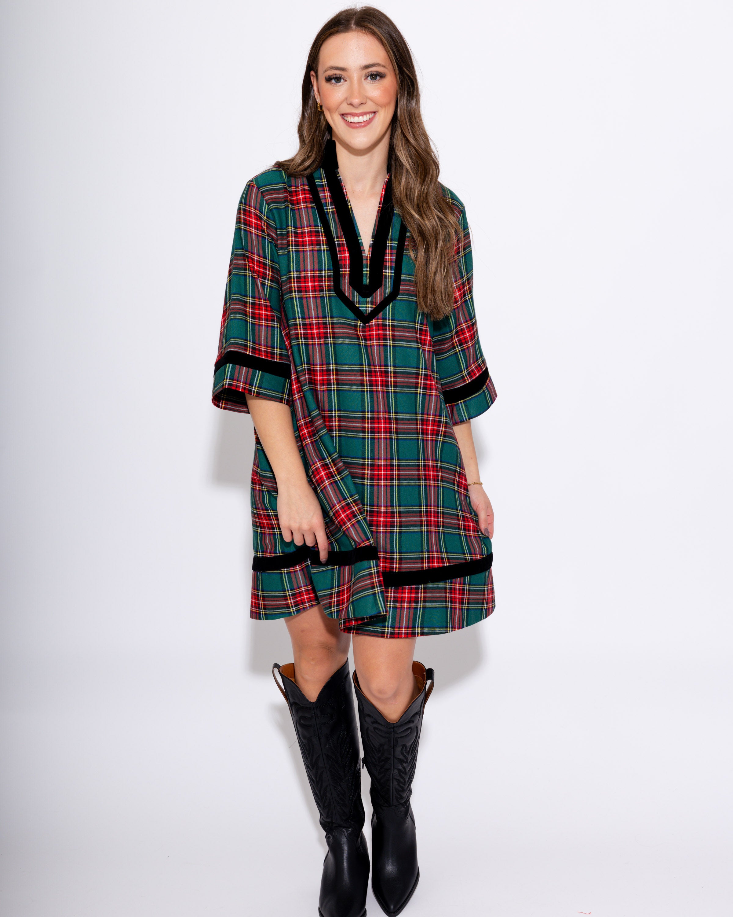 Velvet Trim Plaid Mini in Green
