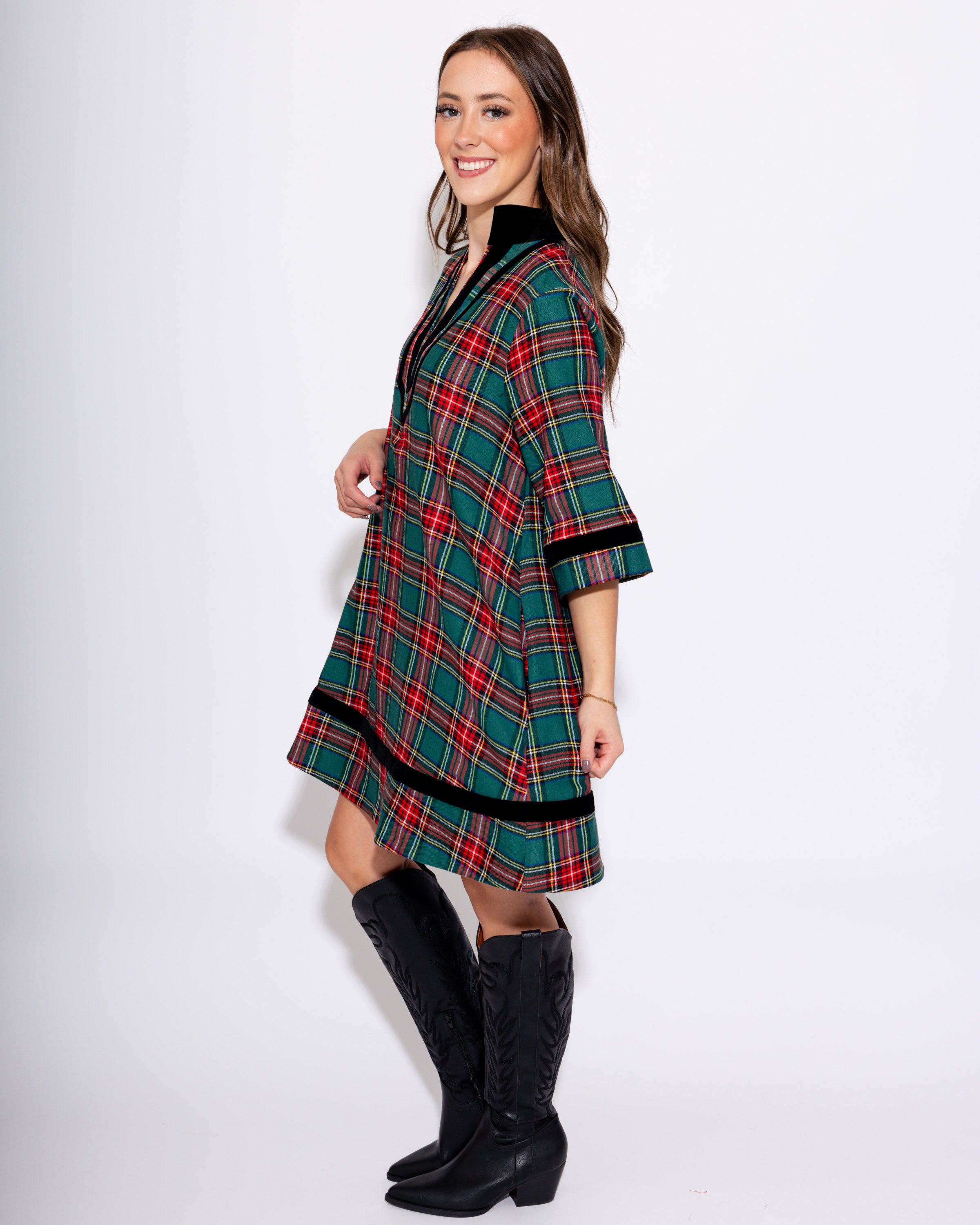 Velvet Trim Plaid Mini in Green