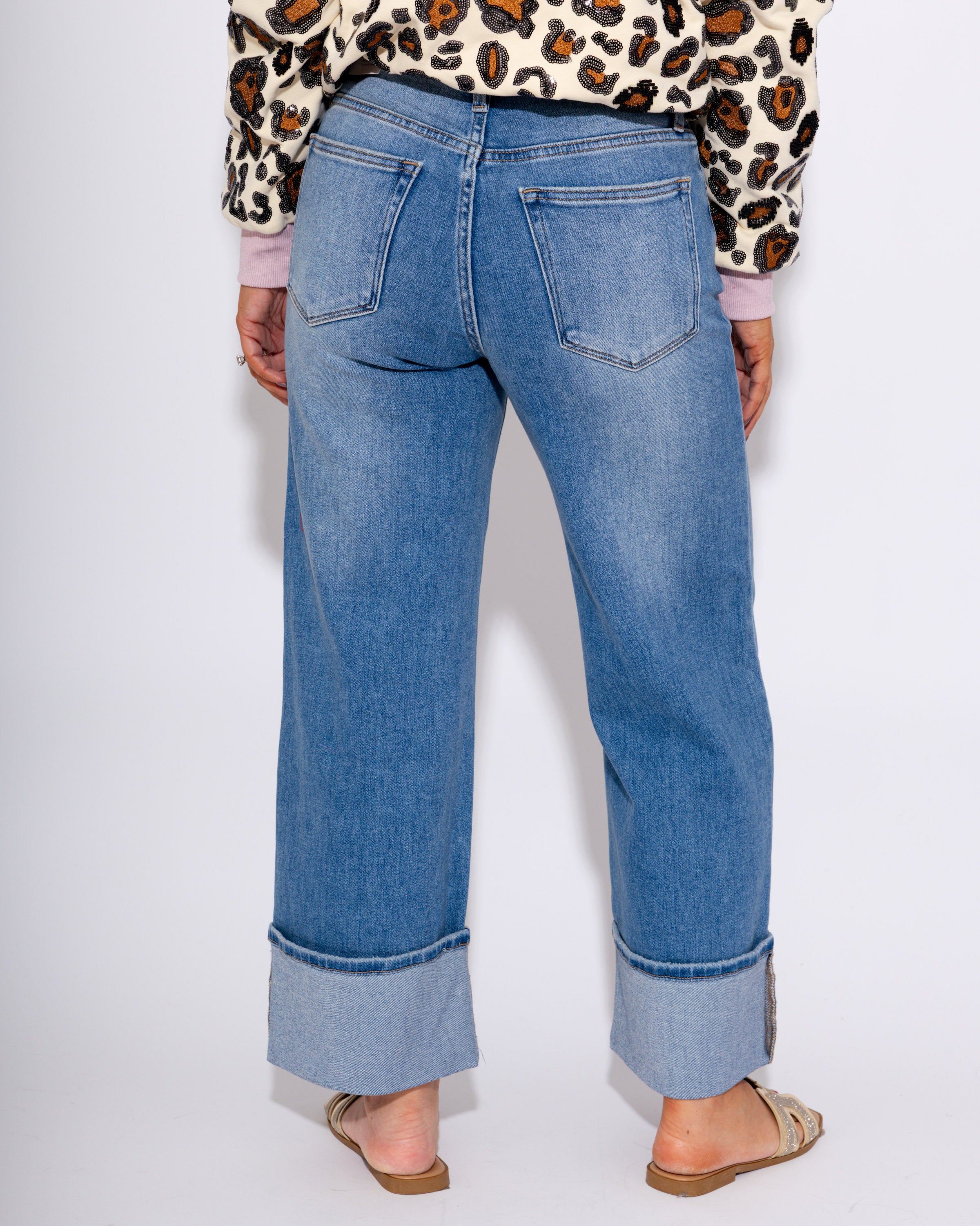 Petite Cuffed Slim Wide Leg Jeans in Medium