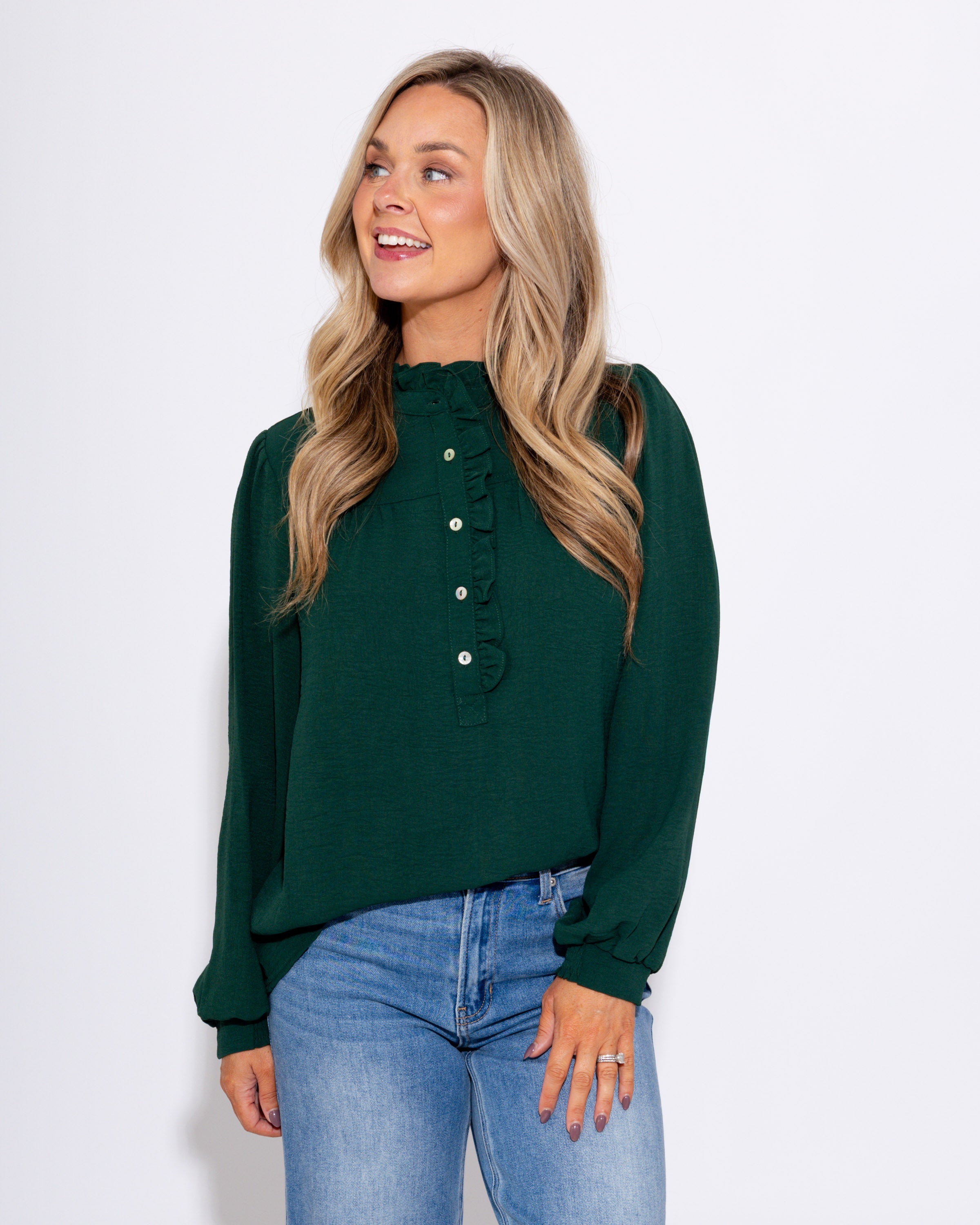 The Refined Ruffle Top in Hunter Green