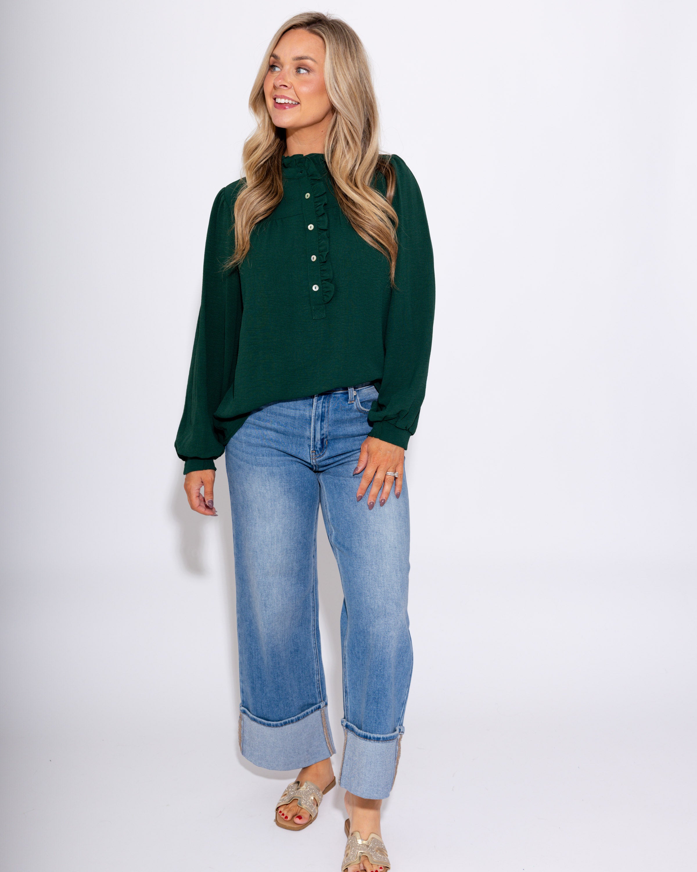 The Refined Ruffle Top in Hunter Green