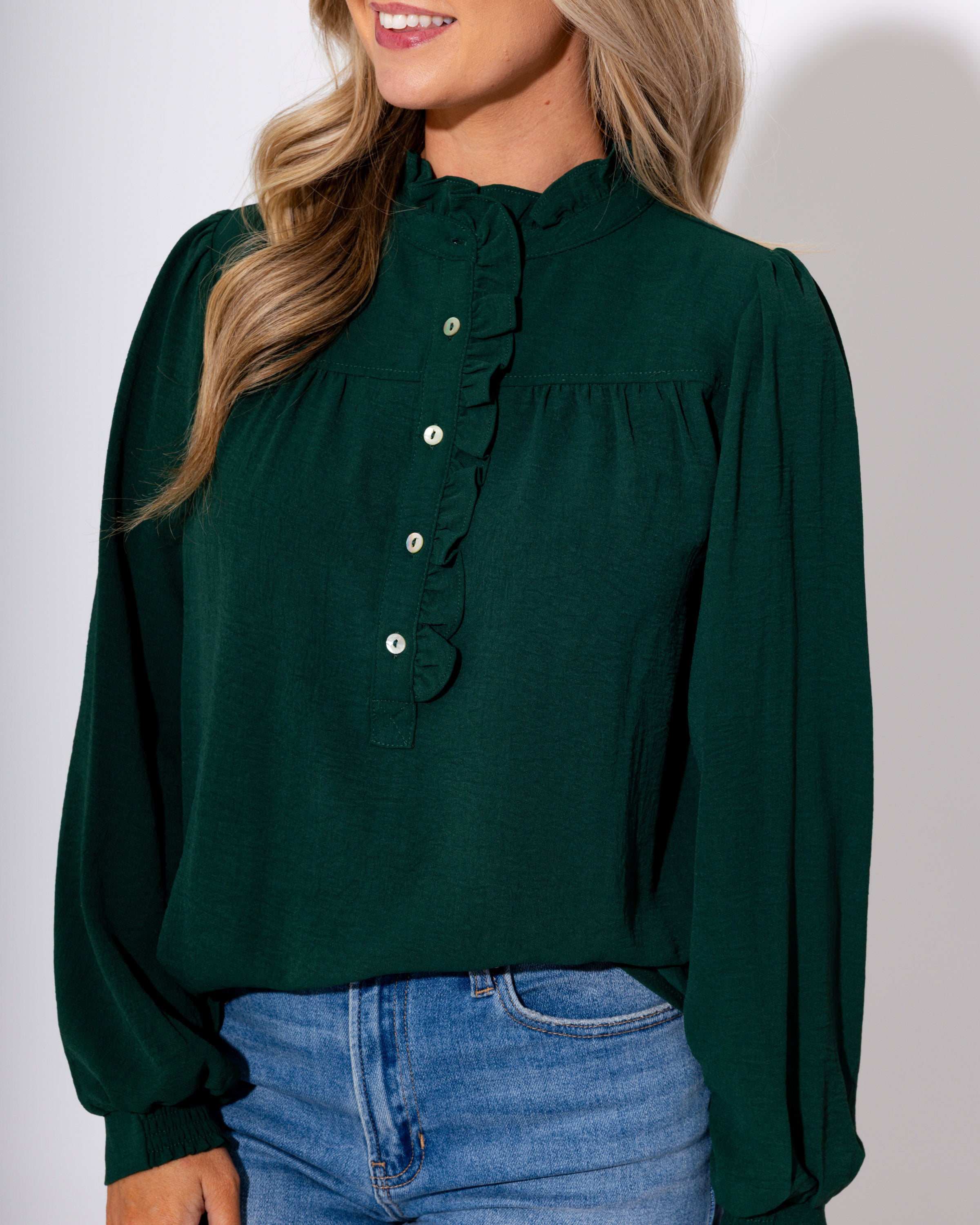 The Refined Ruffle Top in Hunter Green