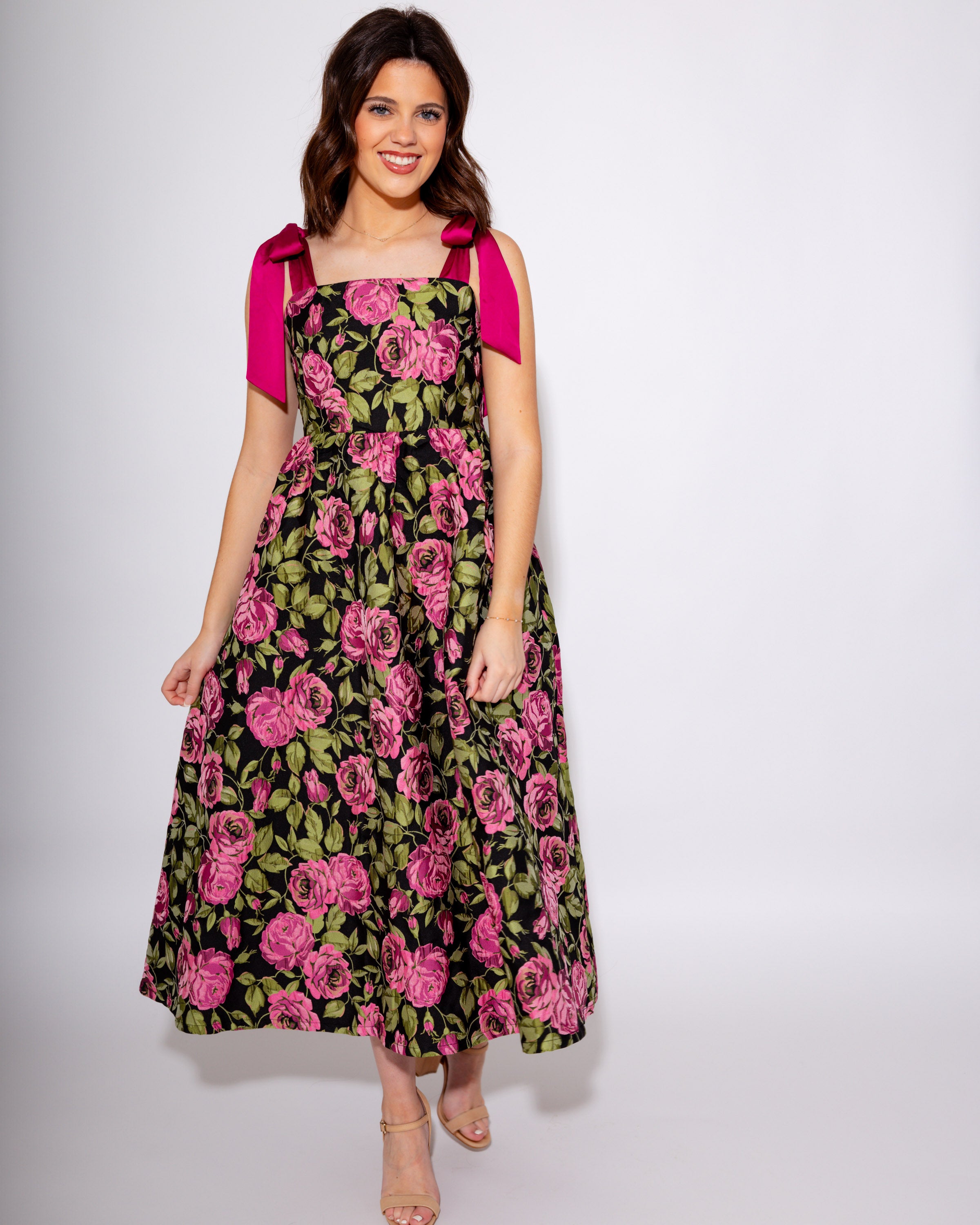 Fuchsia Floral Ribbon Strap Midi Dress