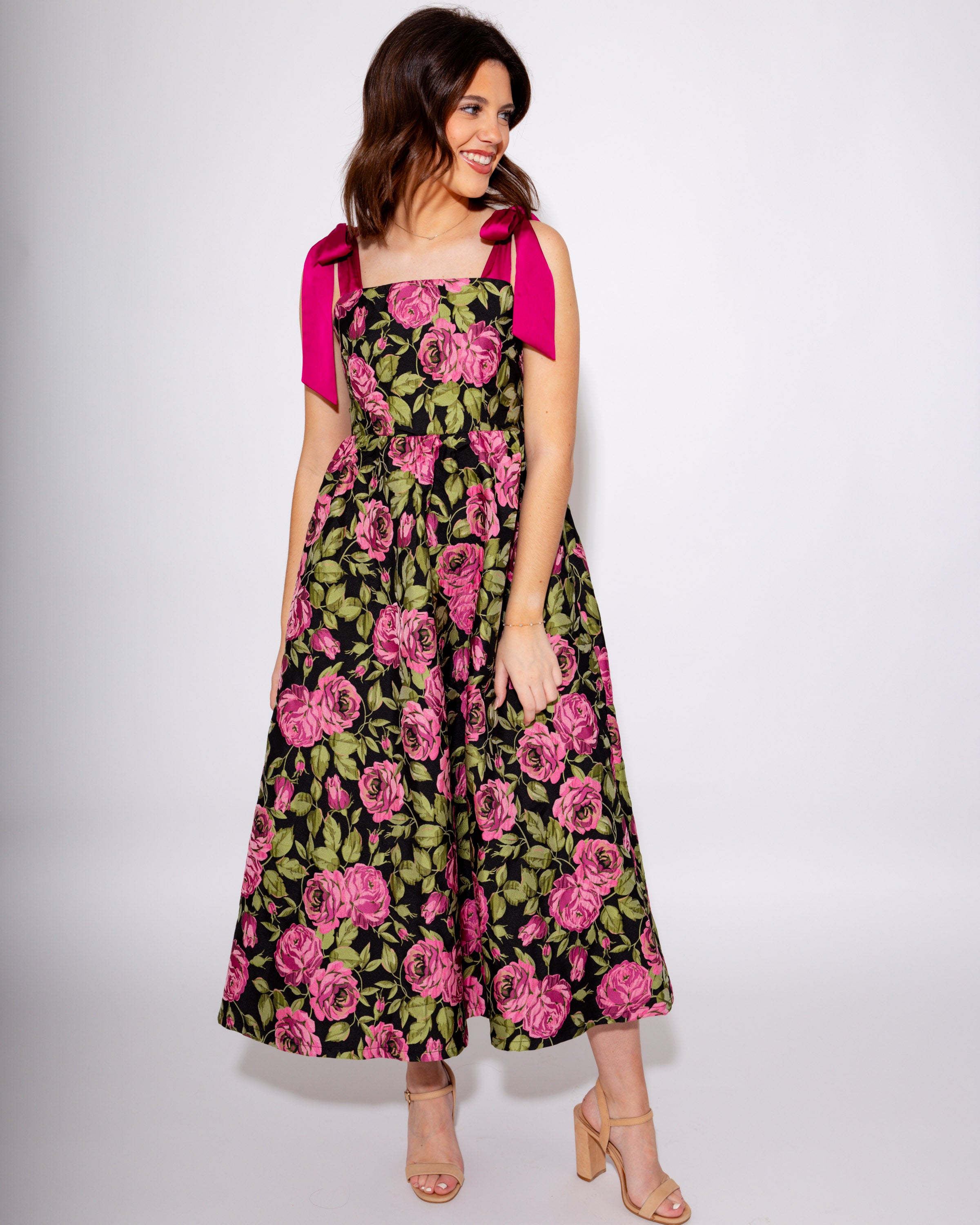 Fuchsia Floral Ribbon Strap Midi Dress