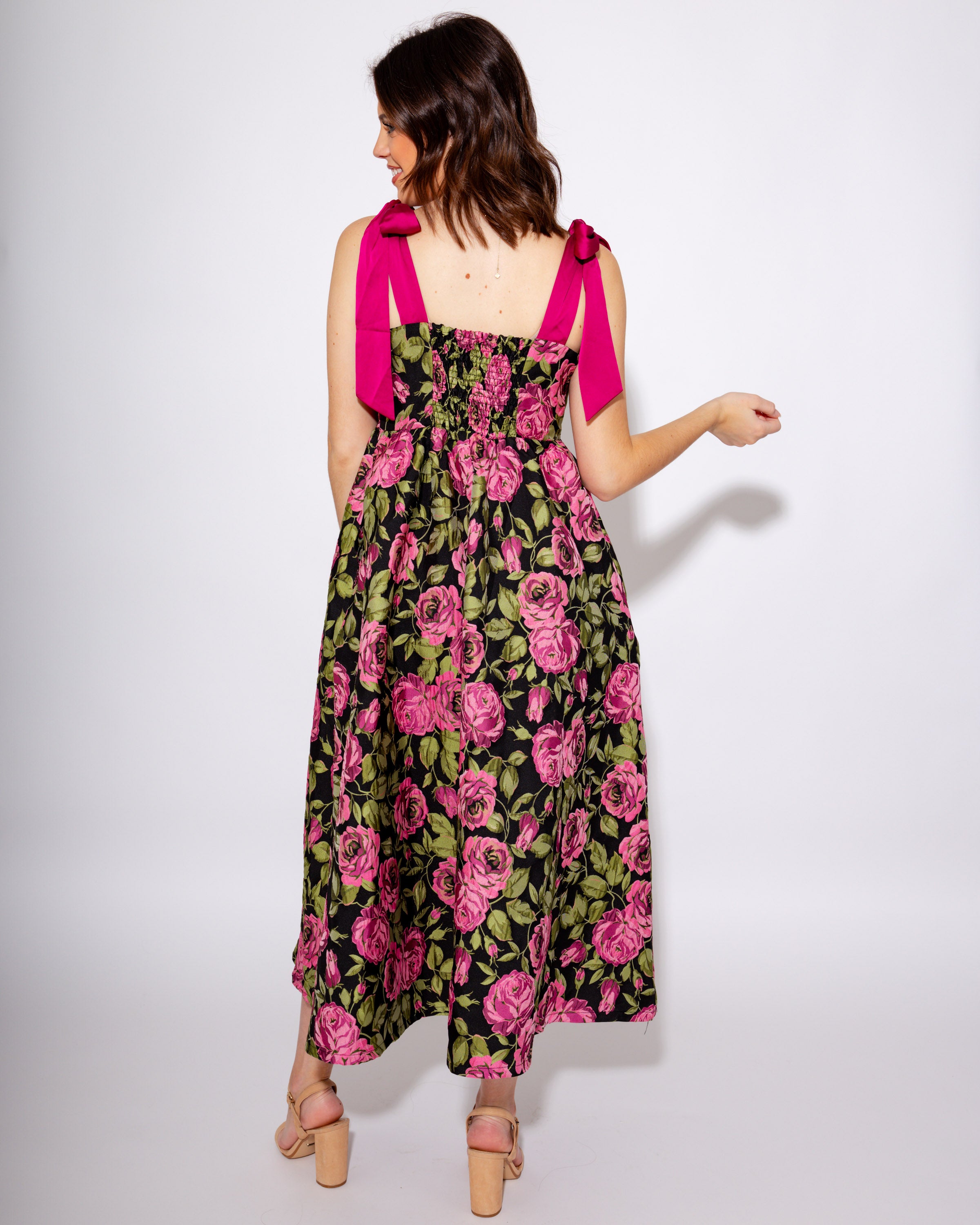 Fuchsia Floral Ribbon Strap Midi Dress