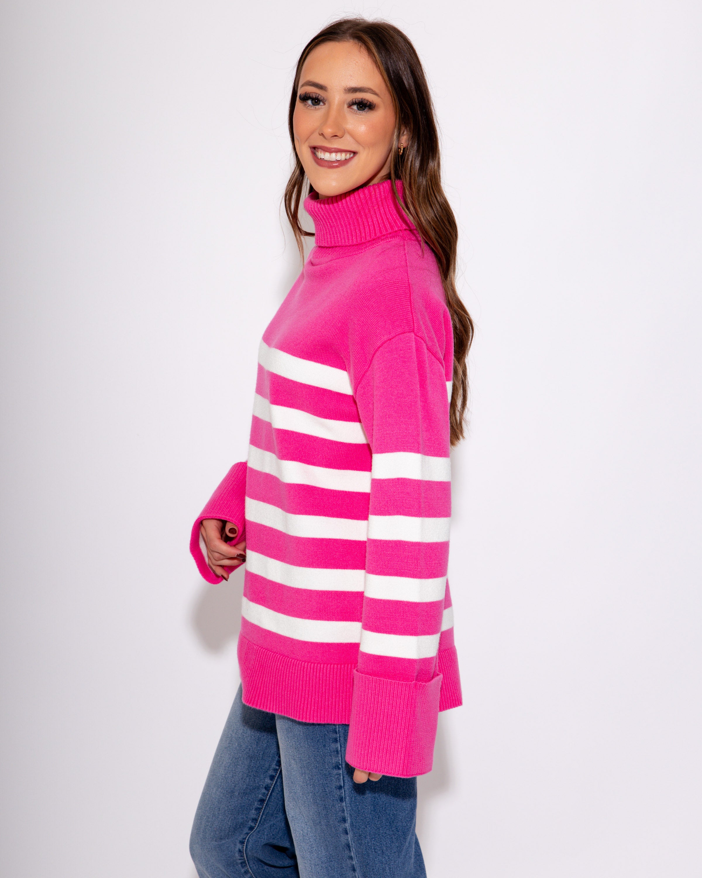 Pink Striped Turtleneck Sweater