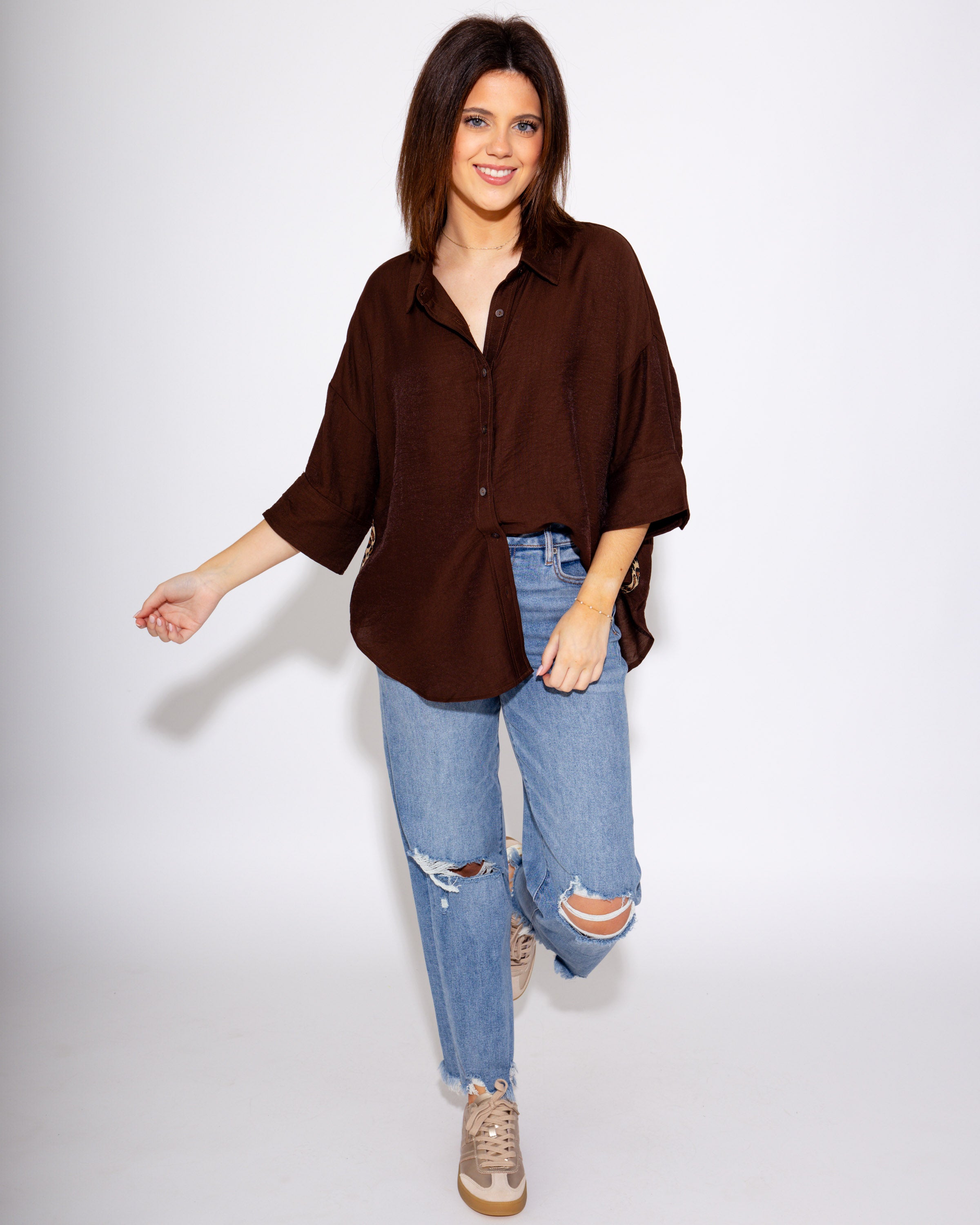 Wild Contrast Trim Top in Brown