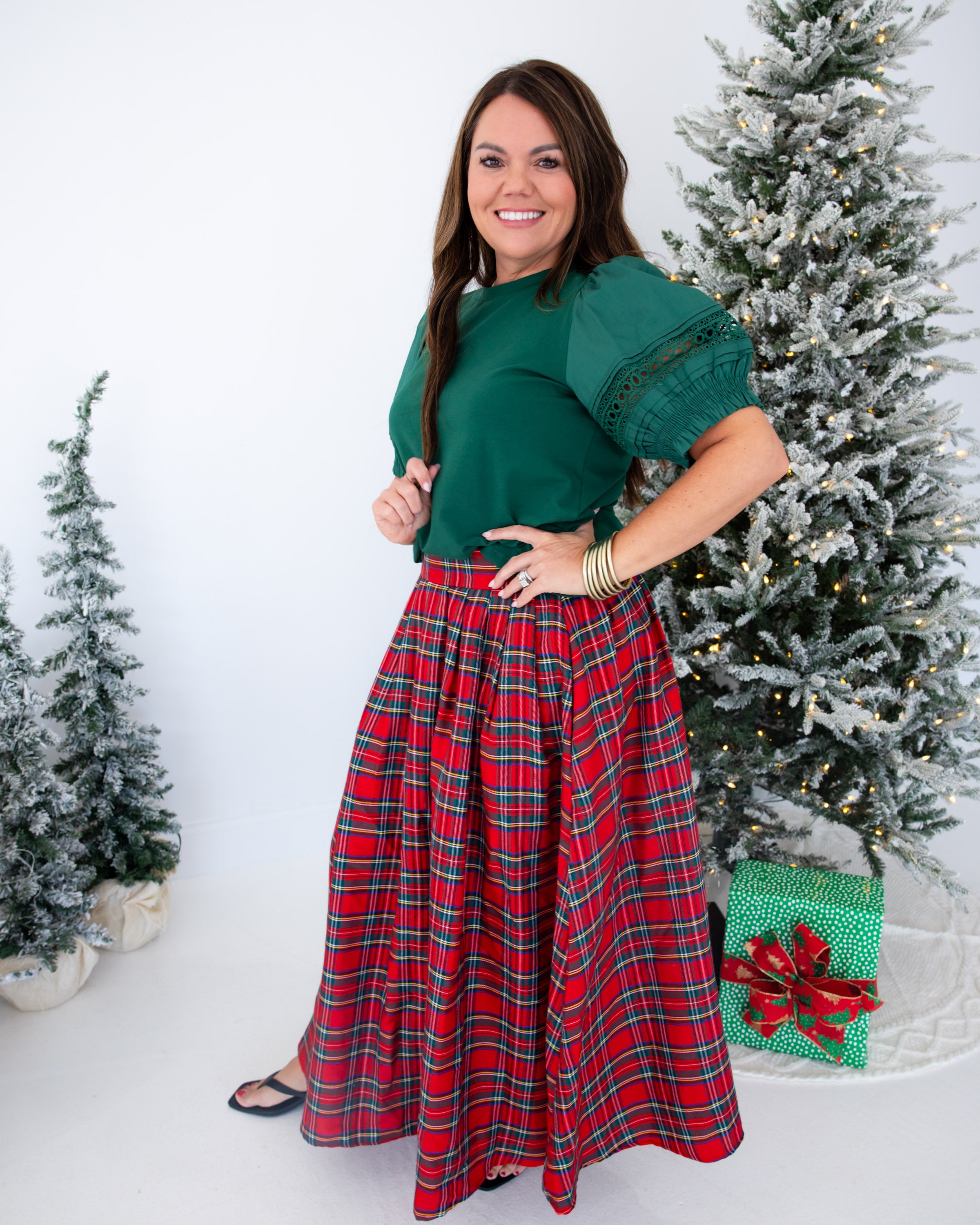 Puff Sleeve Eyelet Detail Top in Green