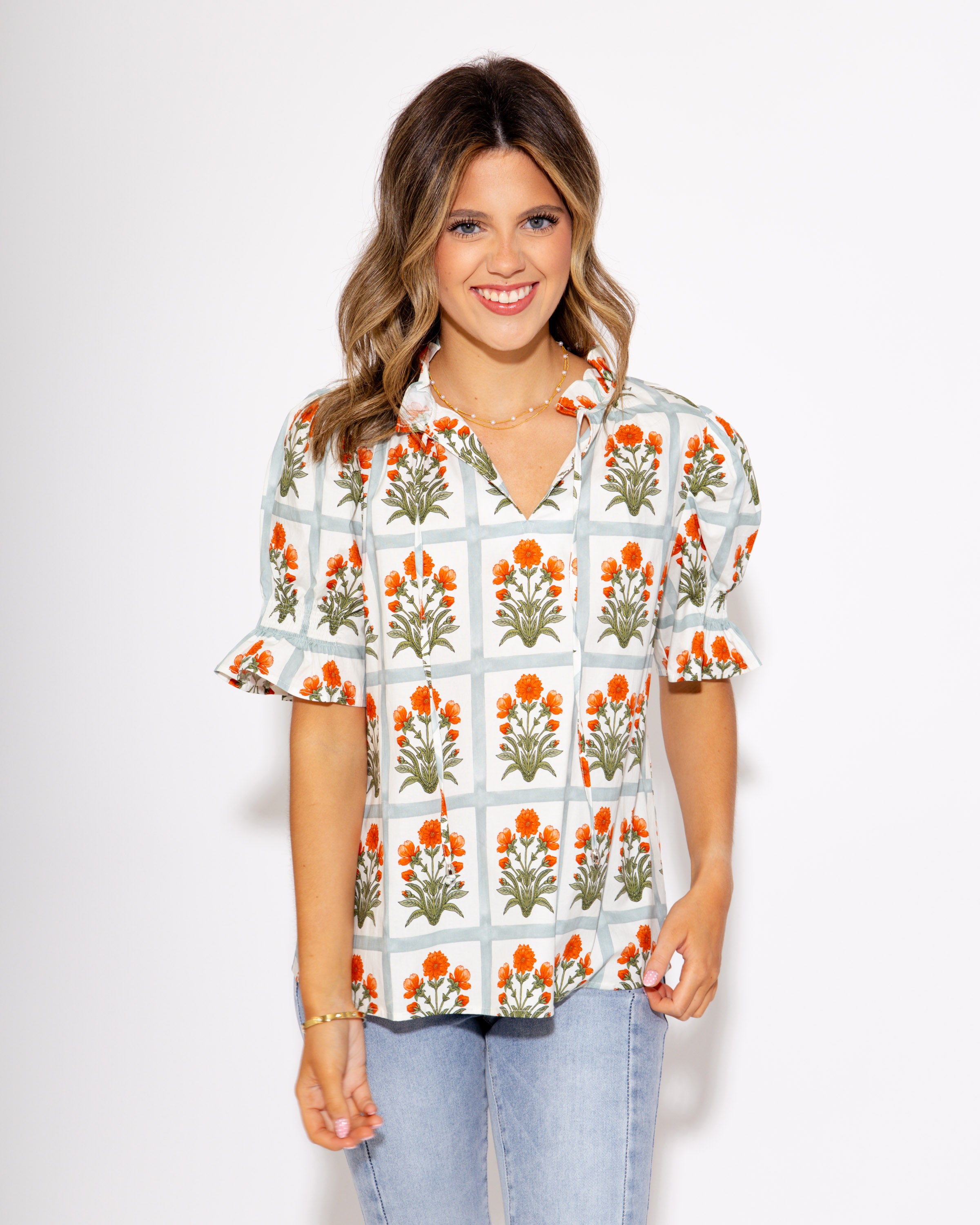 Gingham Garden Glow Top in Orange