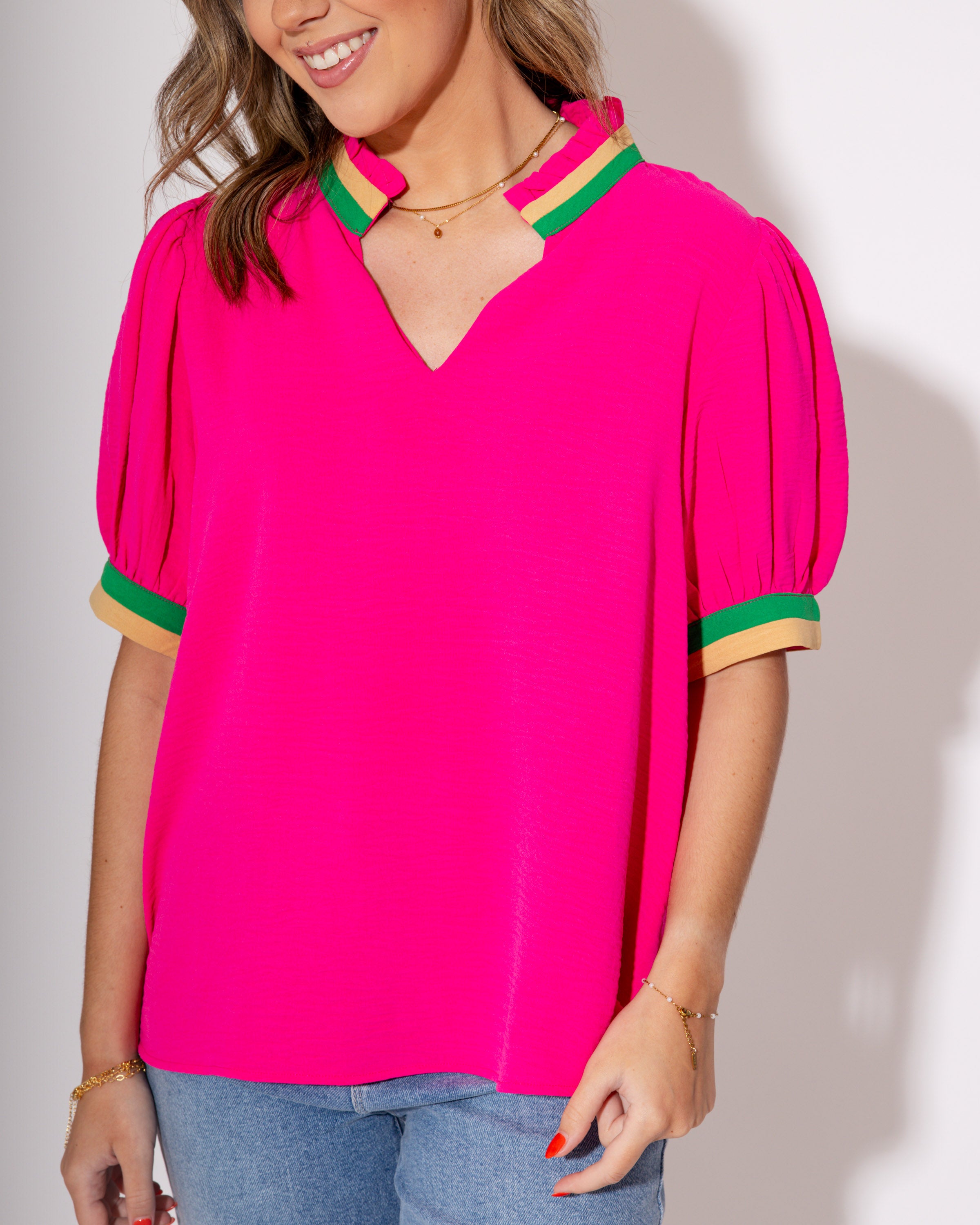 Contrast Charm Ruffle Neck Top in Hot Pink