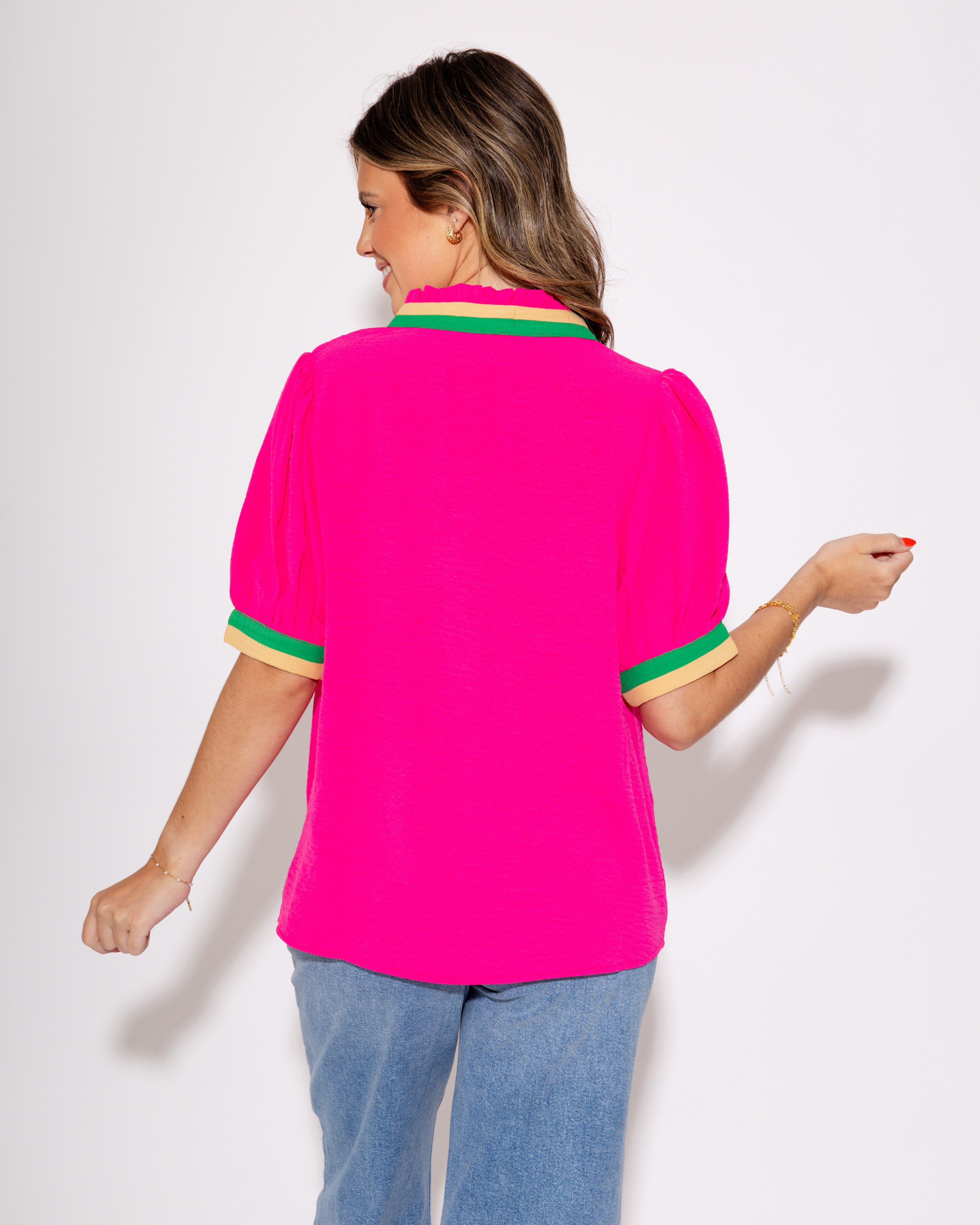 Contrast Charm Ruffle Neck Top in Hot Pink