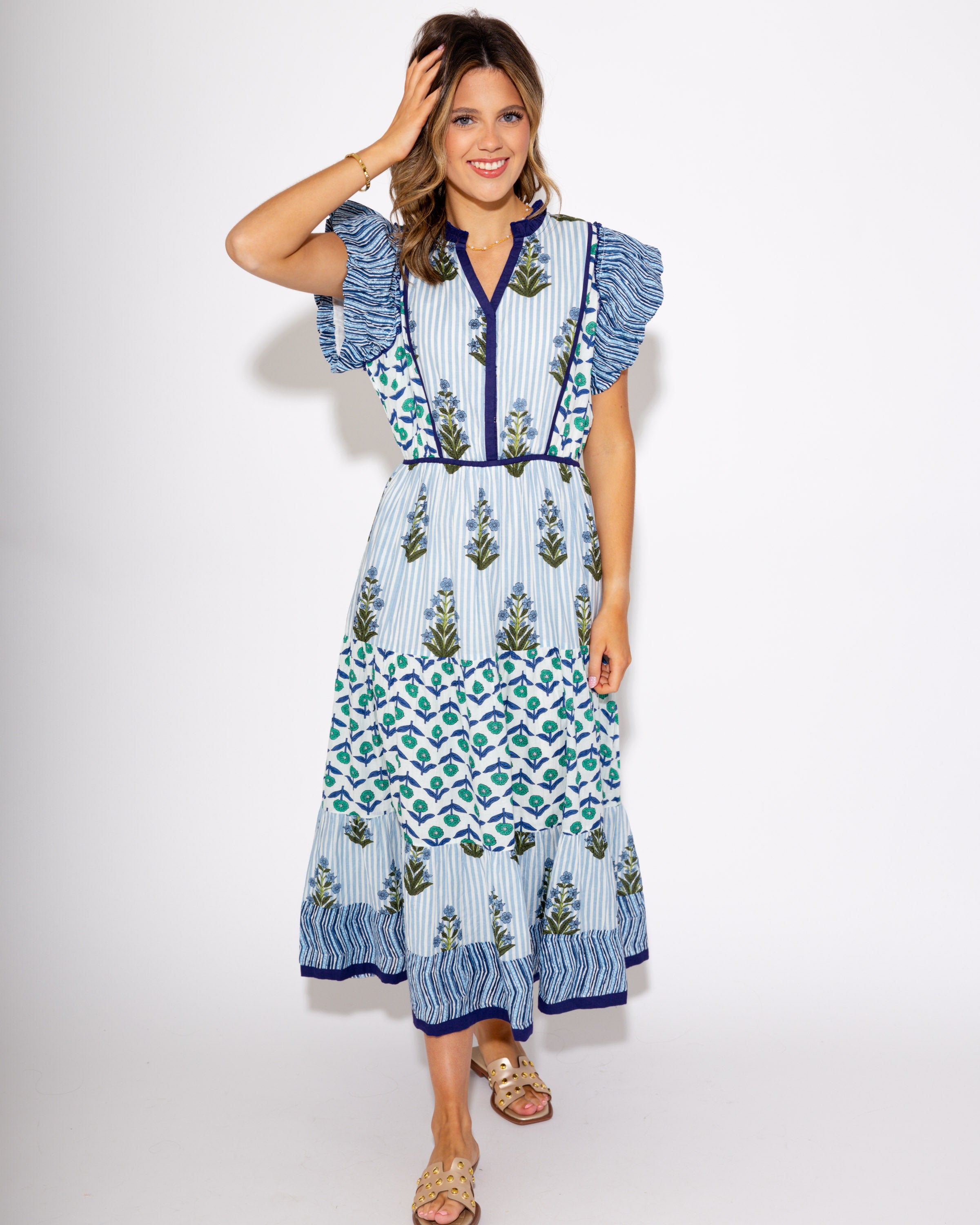 Garden Whimsy Flutter Sleeve Midi Dress in Blue
