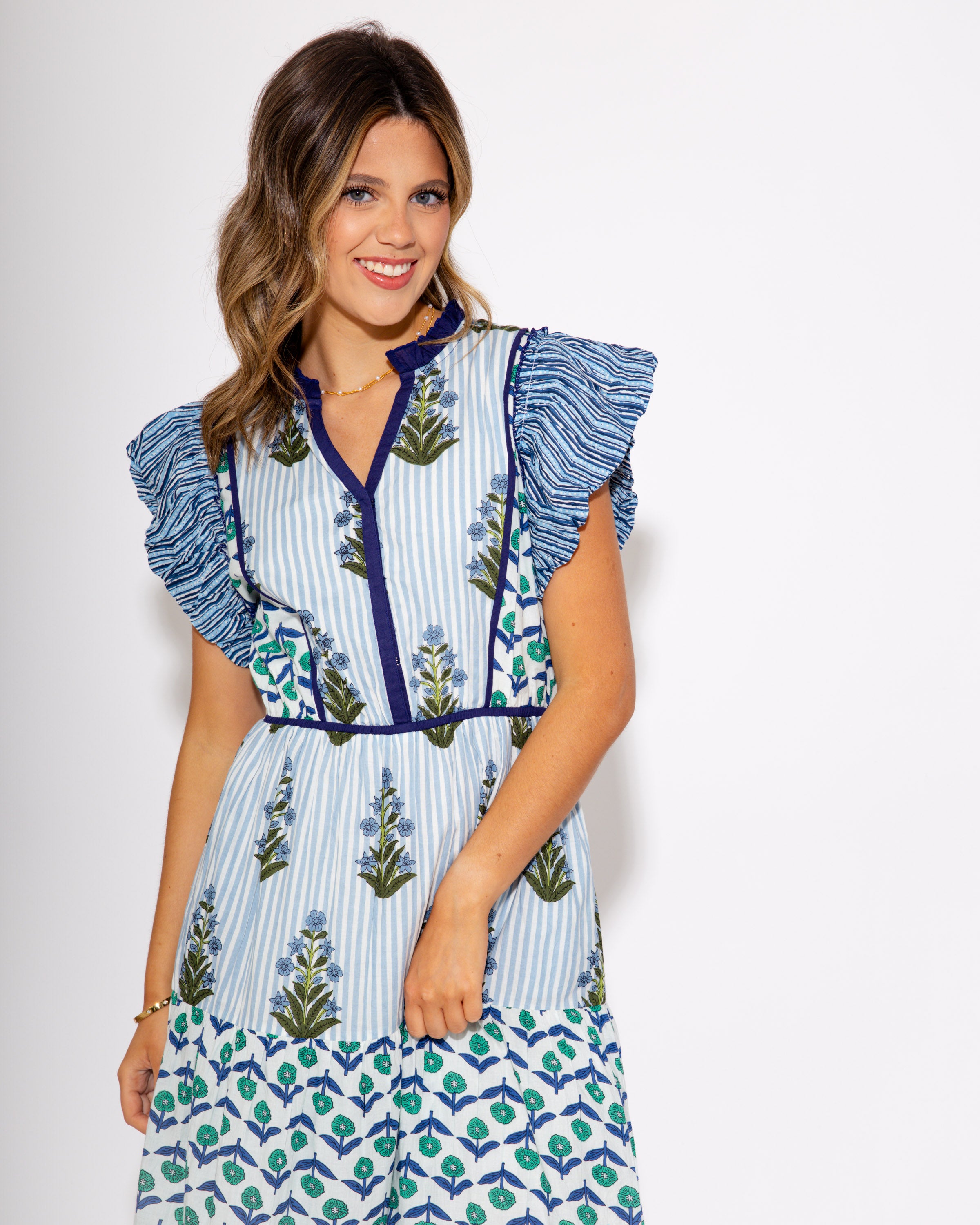 Garden Whimsy Flutter Sleeve Midi Dress in Blue