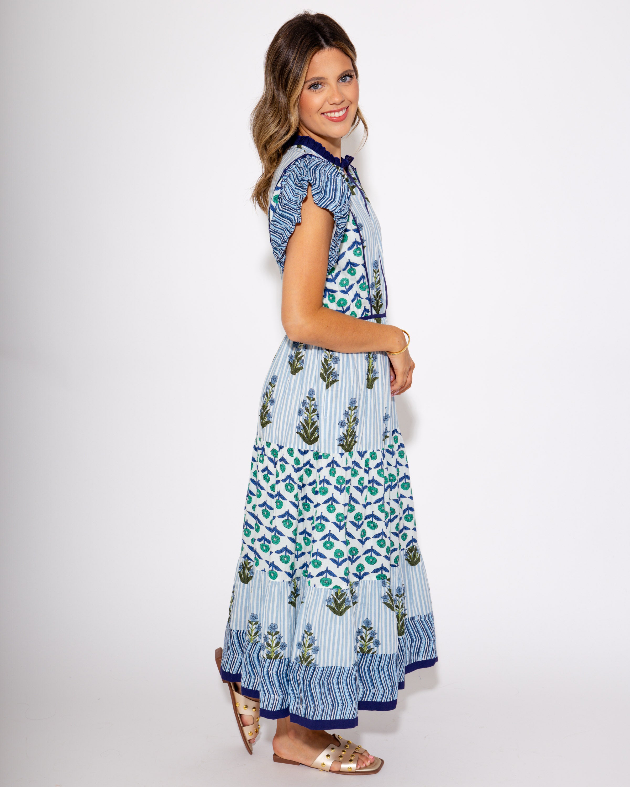 Garden Whimsy Flutter Sleeve Midi Dress in Blue