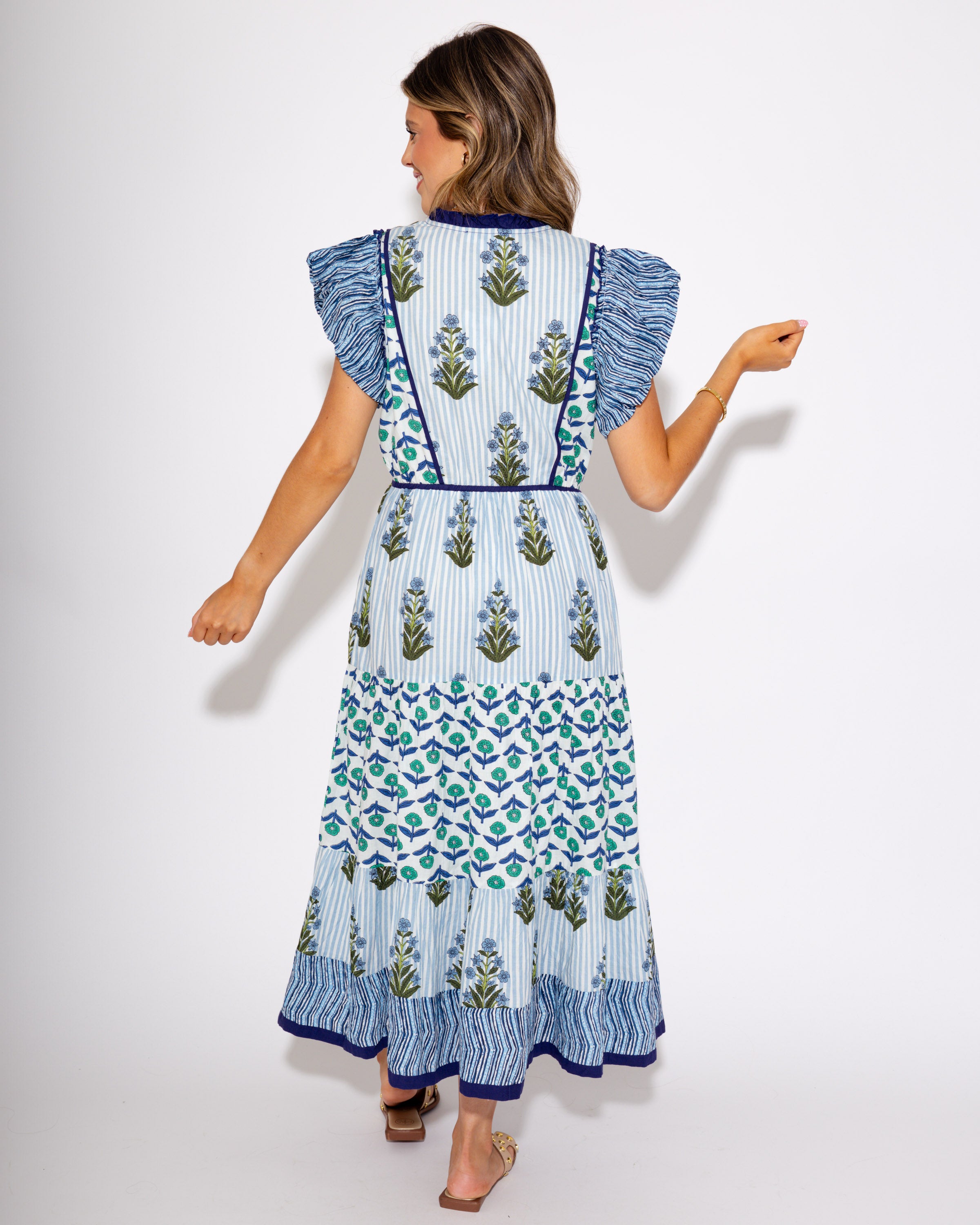 Garden Whimsy Flutter Sleeve Midi Dress in Blue