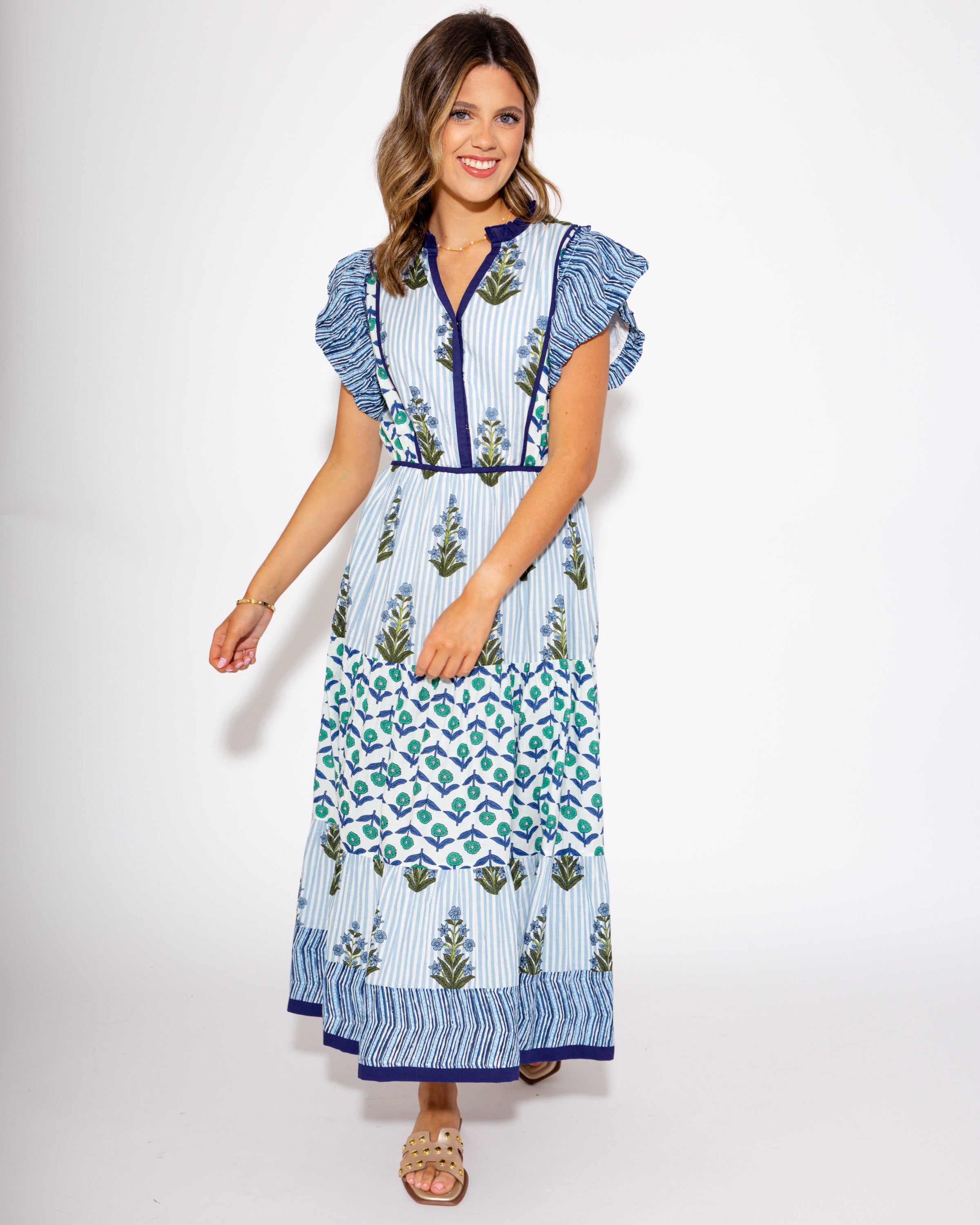 Garden Whimsy Flutter Sleeve Midi Dress in Blue