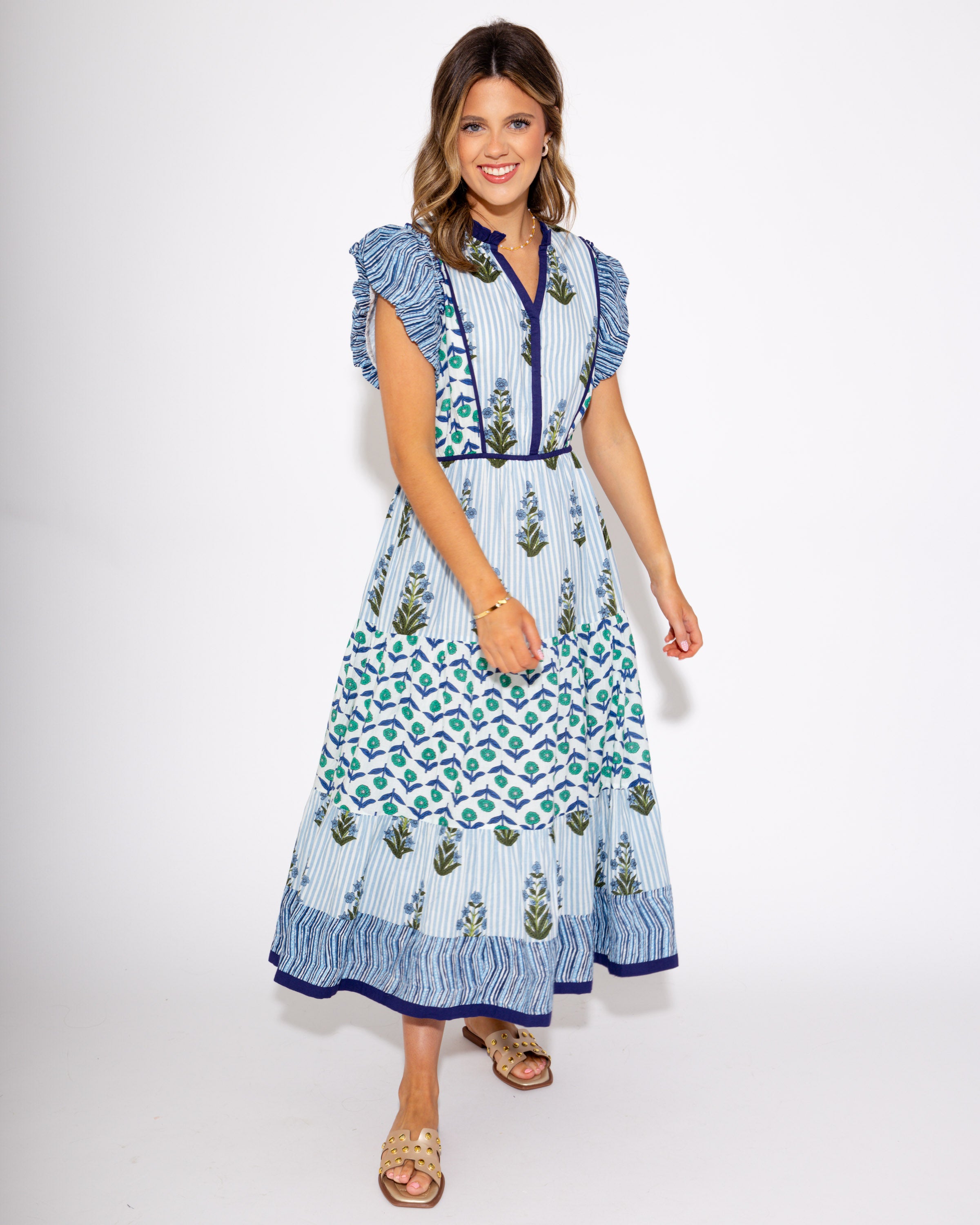 Garden Whimsy Flutter Sleeve Midi Dress in Blue