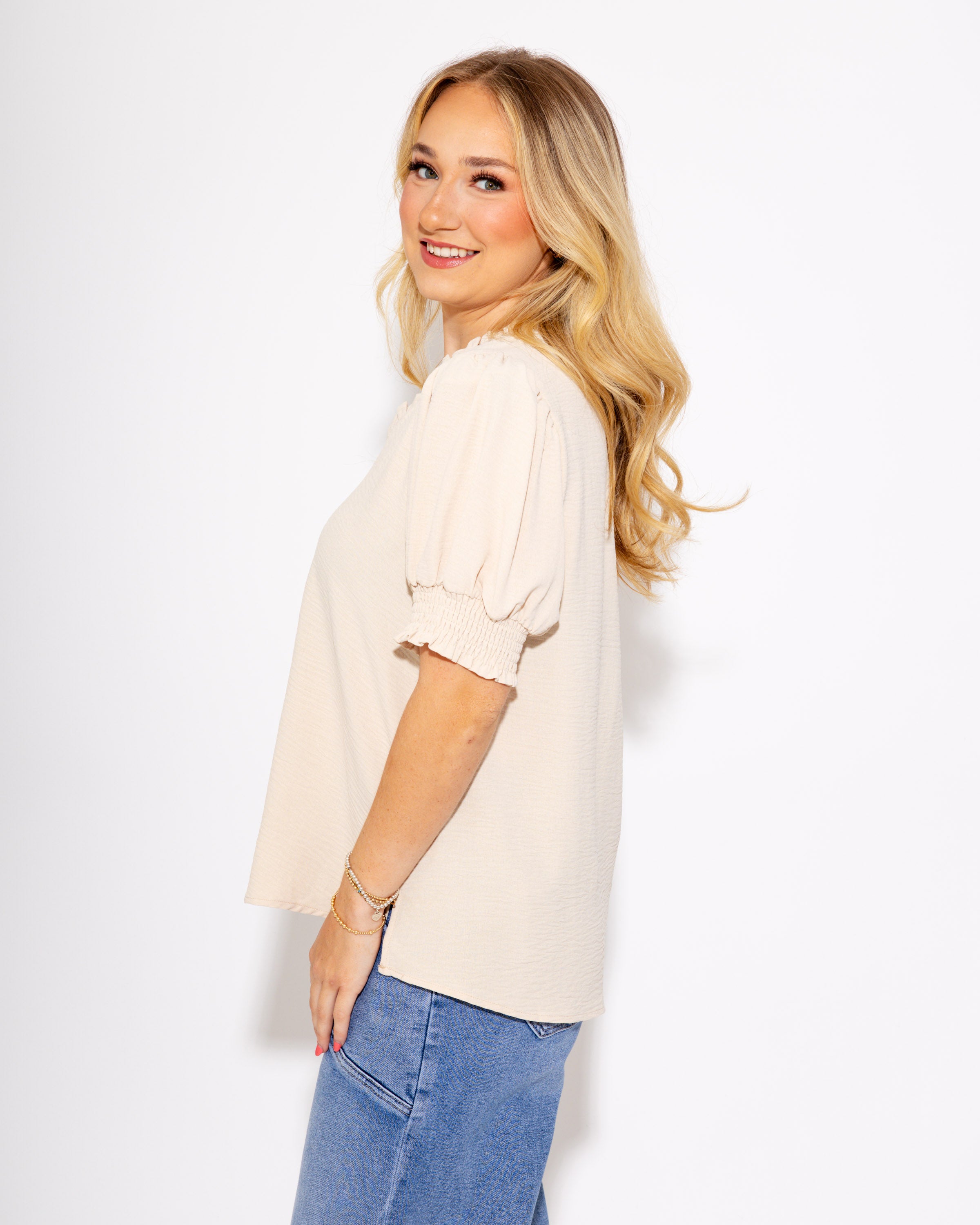 Frill and Grace V Neck Top in Oatmeal