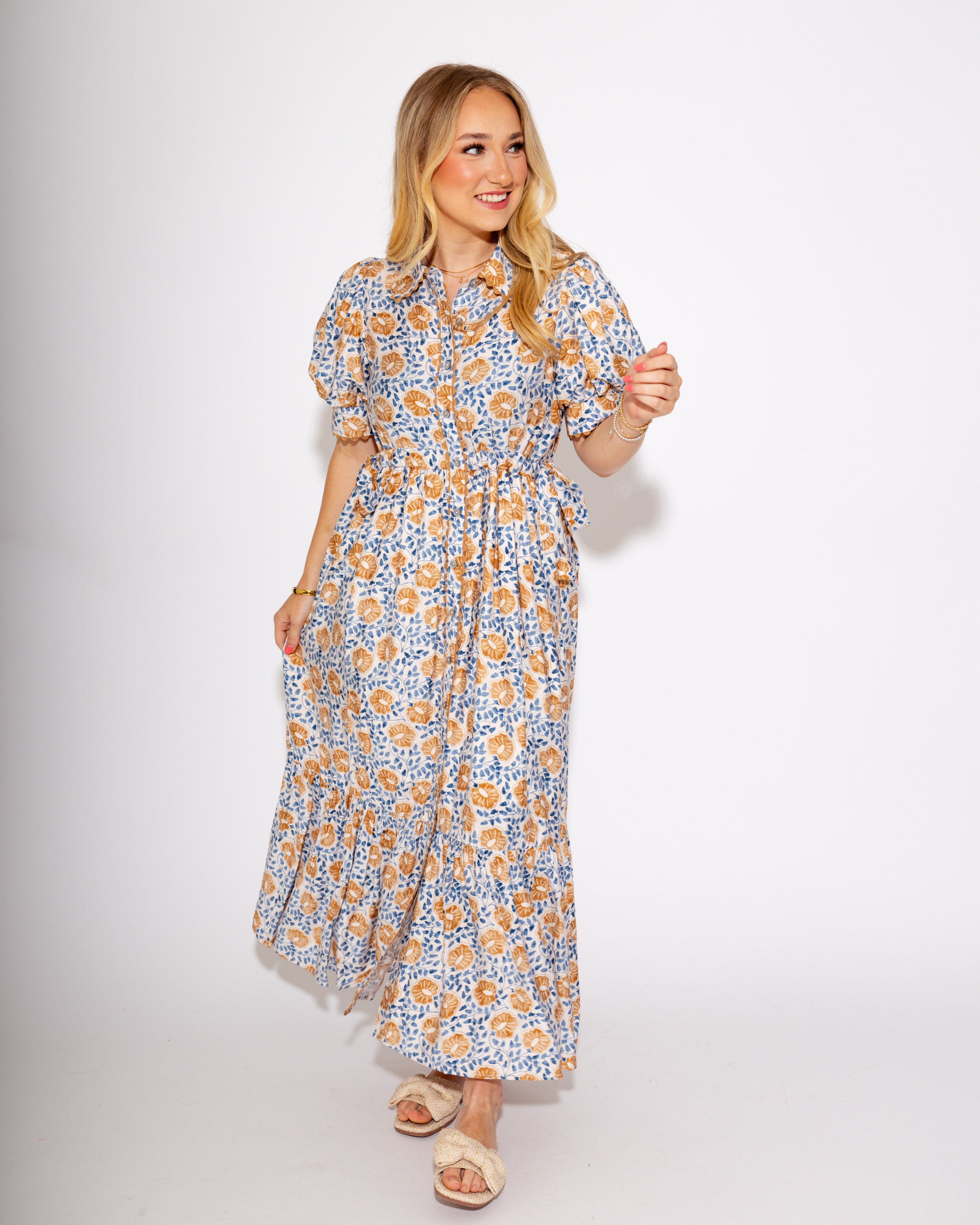The Floral Breeze Midi Dress in Camel