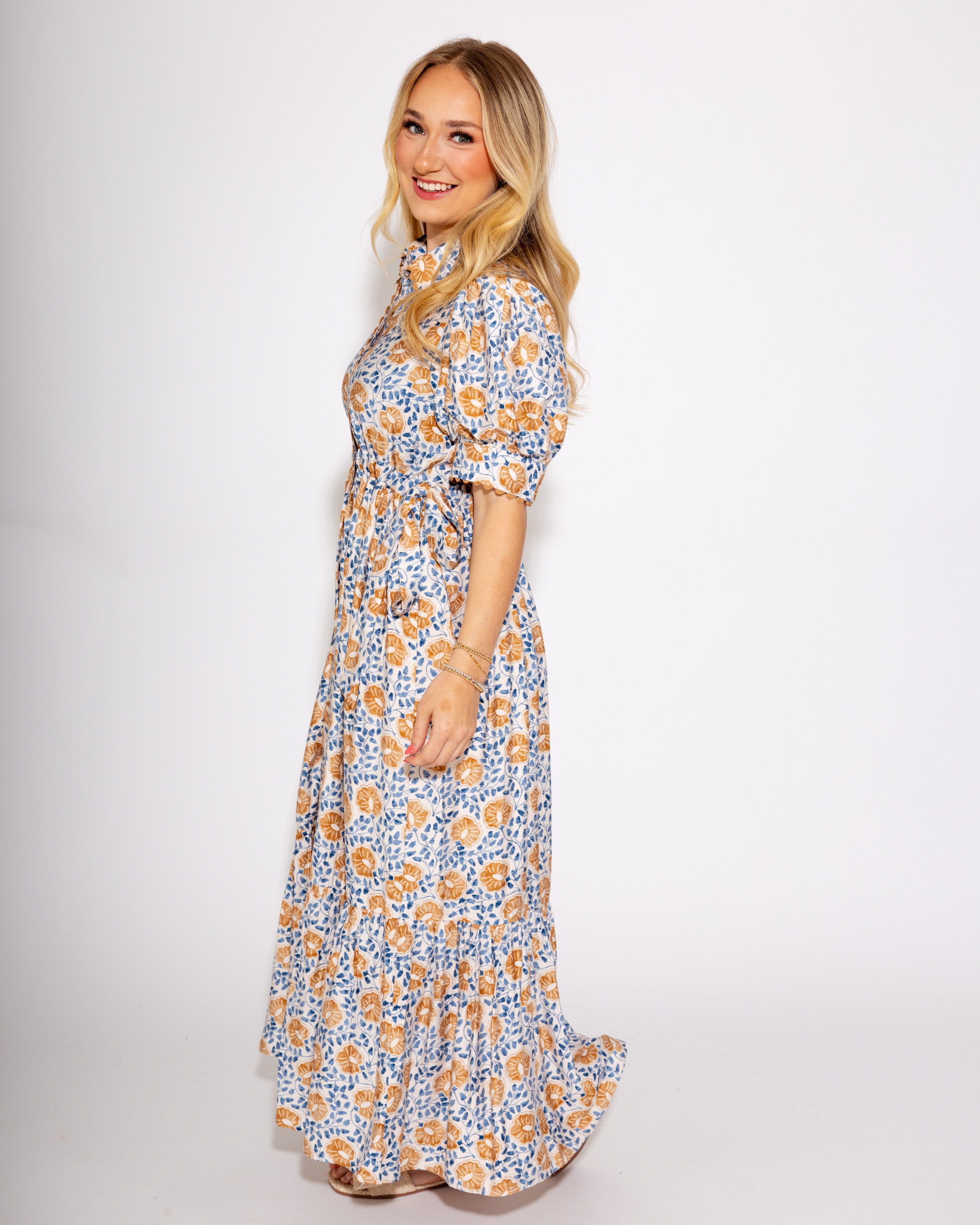The Floral Breeze Midi Dress in Camel