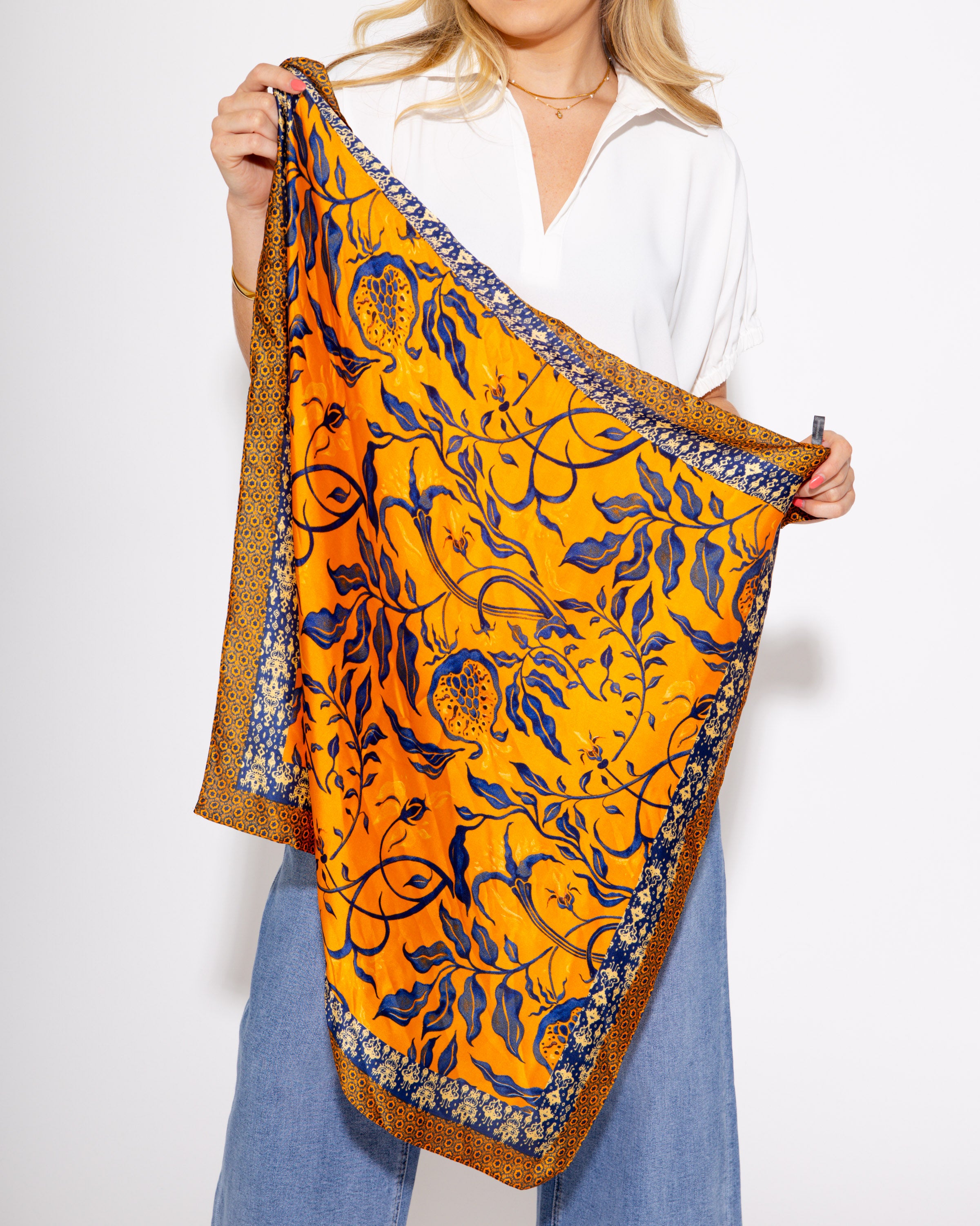 Orange/Navy Flower Vine Print Silk Scarf