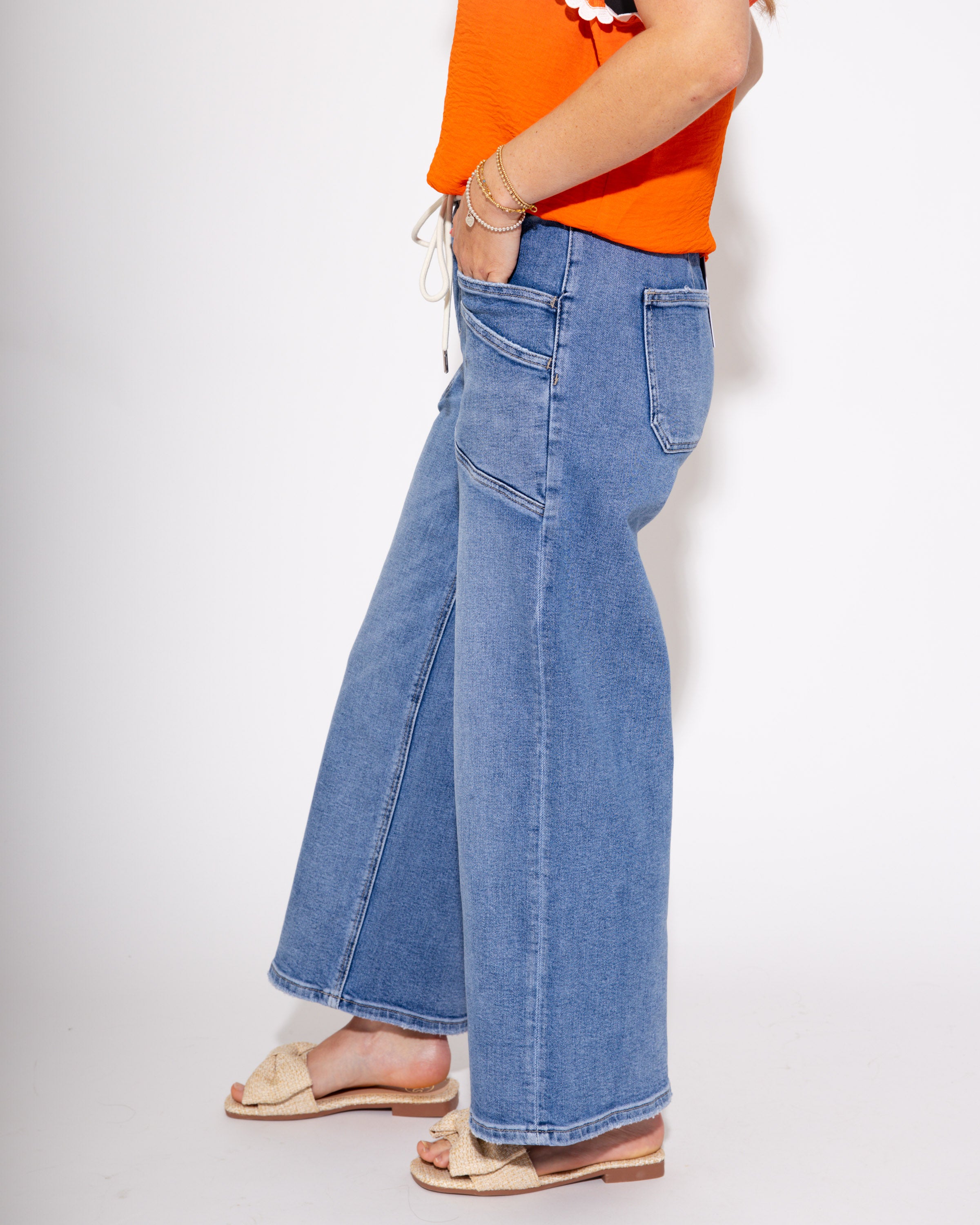Draw the Line High Rise Drawstring Wide Leg Jeans