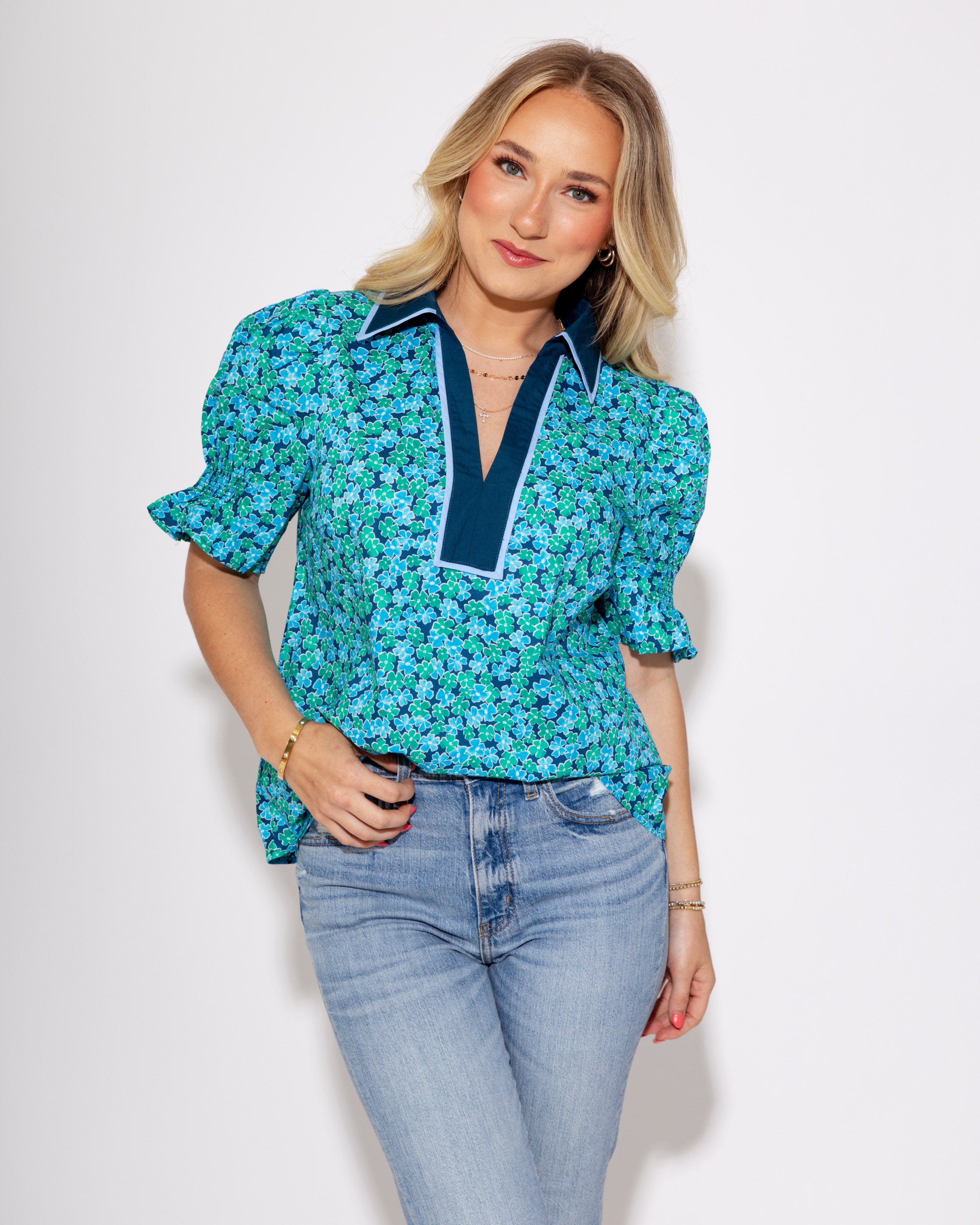 Blue Ruffle Pop Puff Sleeve Top