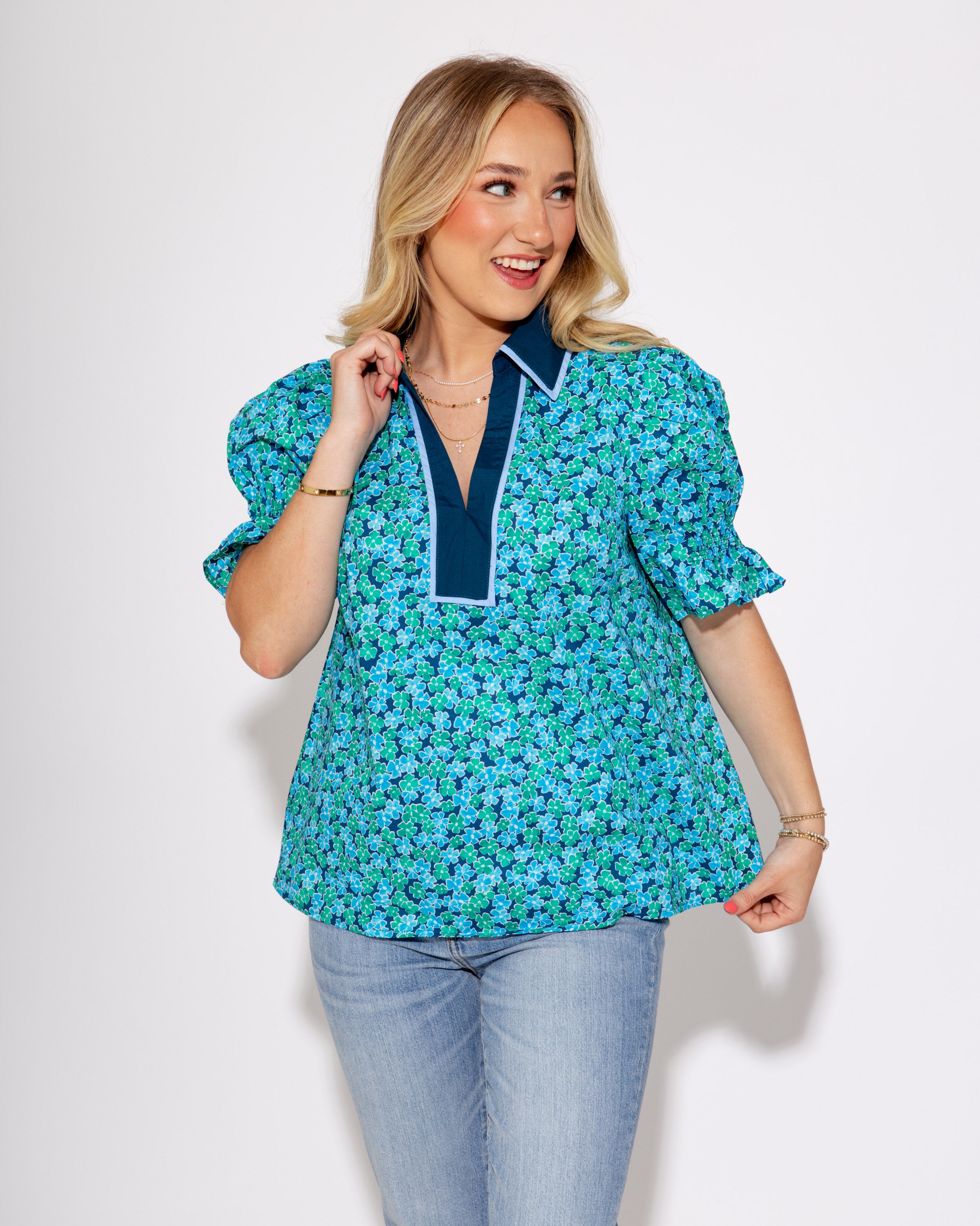 Blue Ruffle Pop Puff Sleeve Top