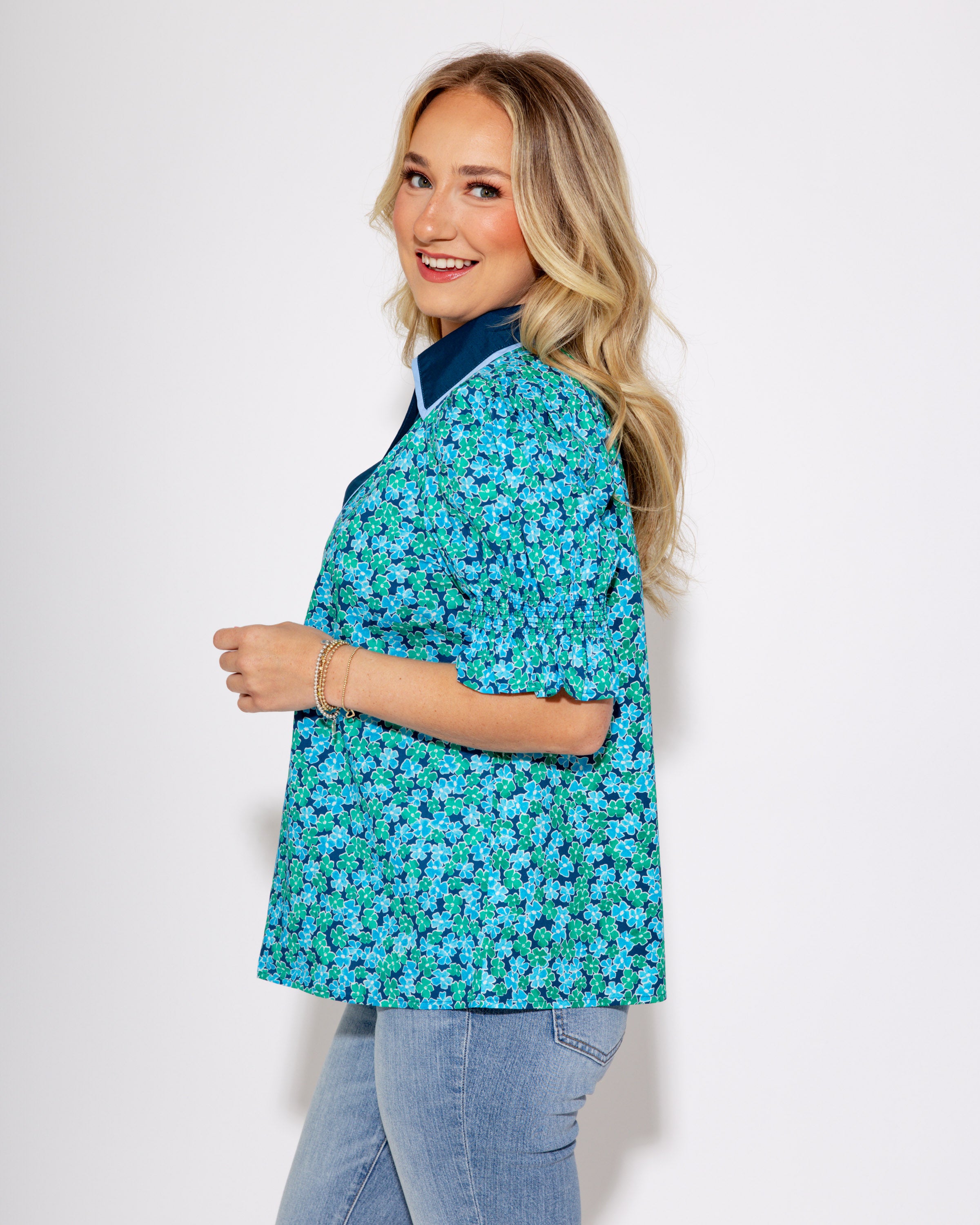 Blue Ruffle Pop Puff Sleeve Top
