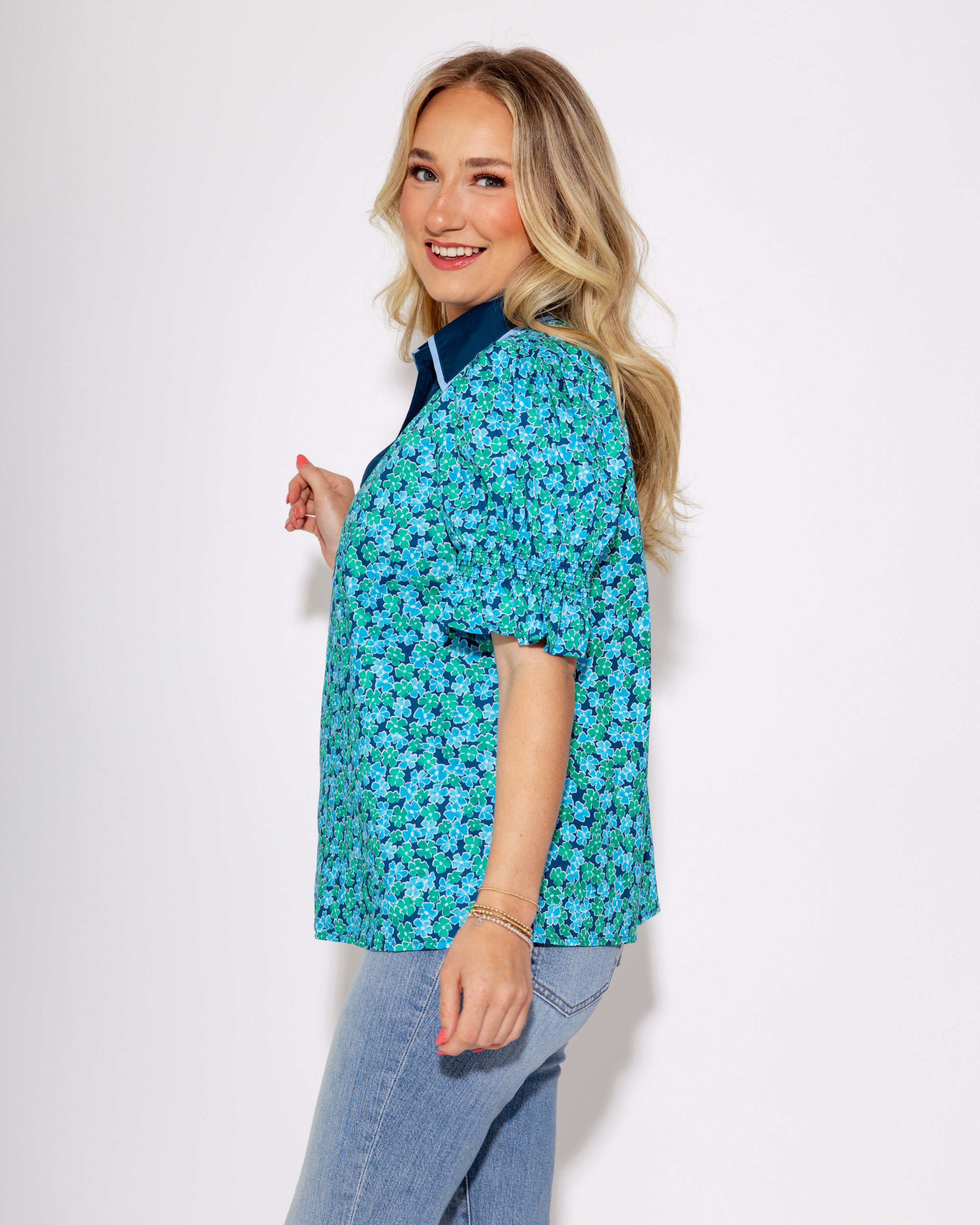 Blue Ruffle Pop Puff Sleeve Top