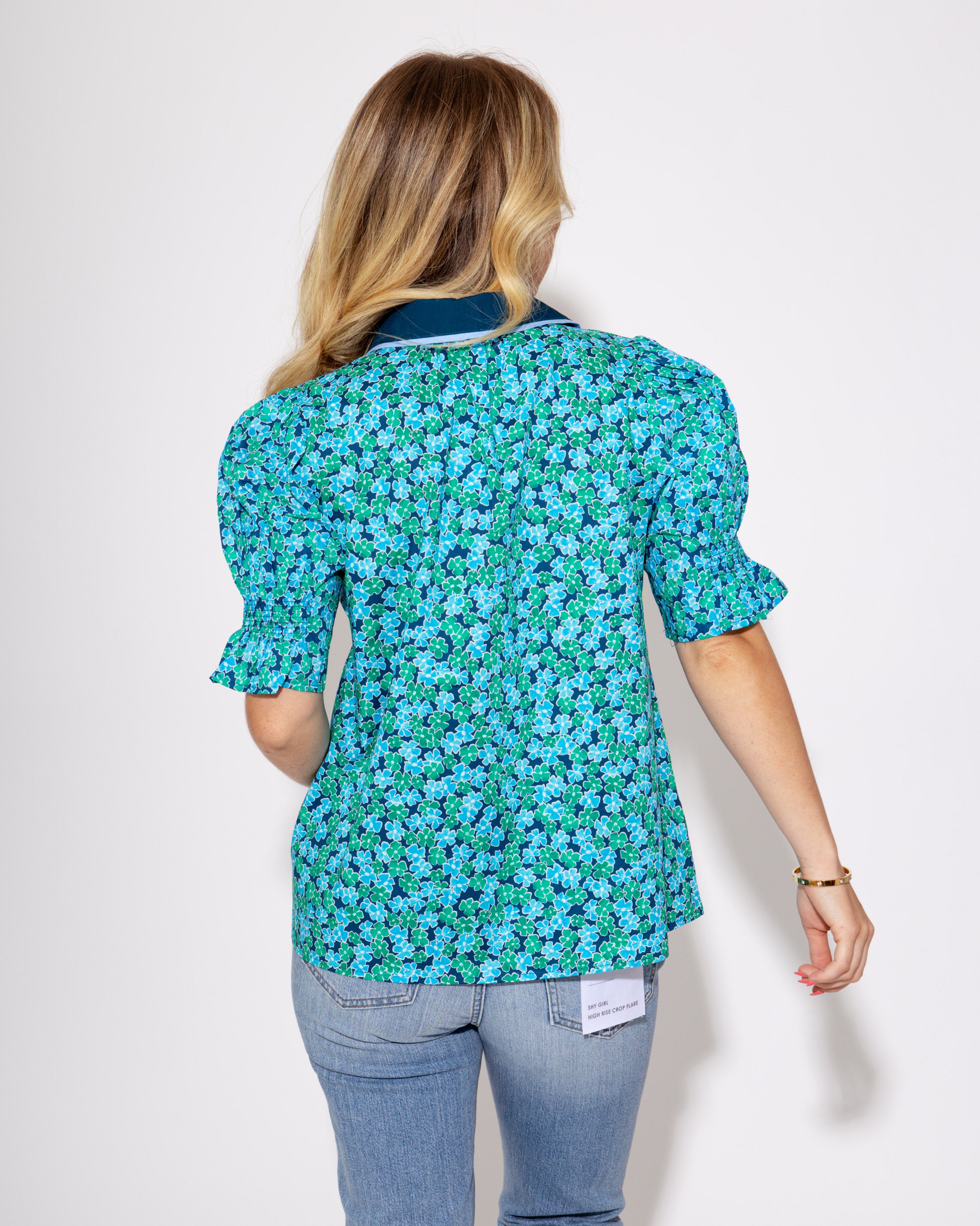 Blue Ruffle Pop Puff Sleeve Top
