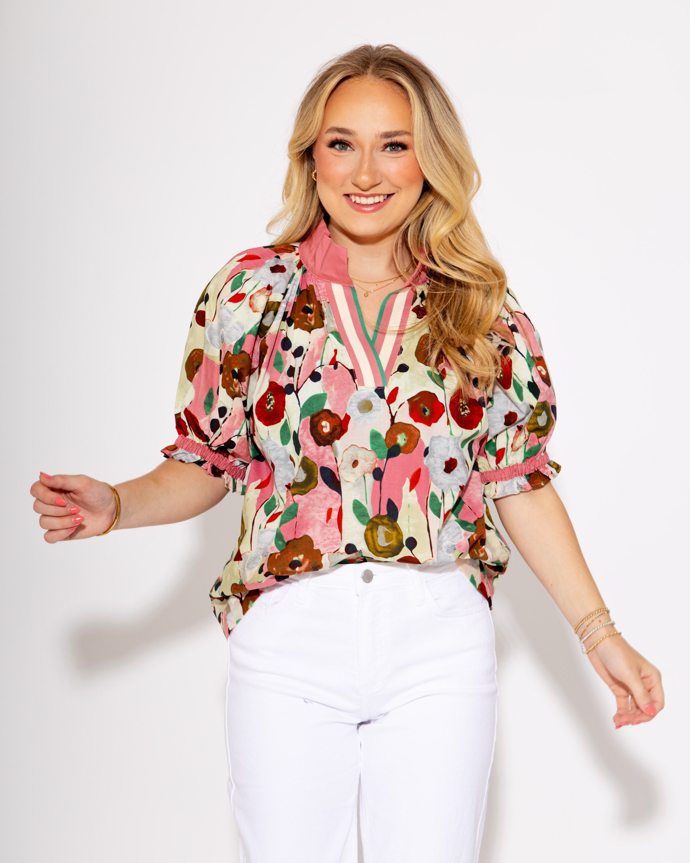 Gardenline Puff Sleeve Top in Pink