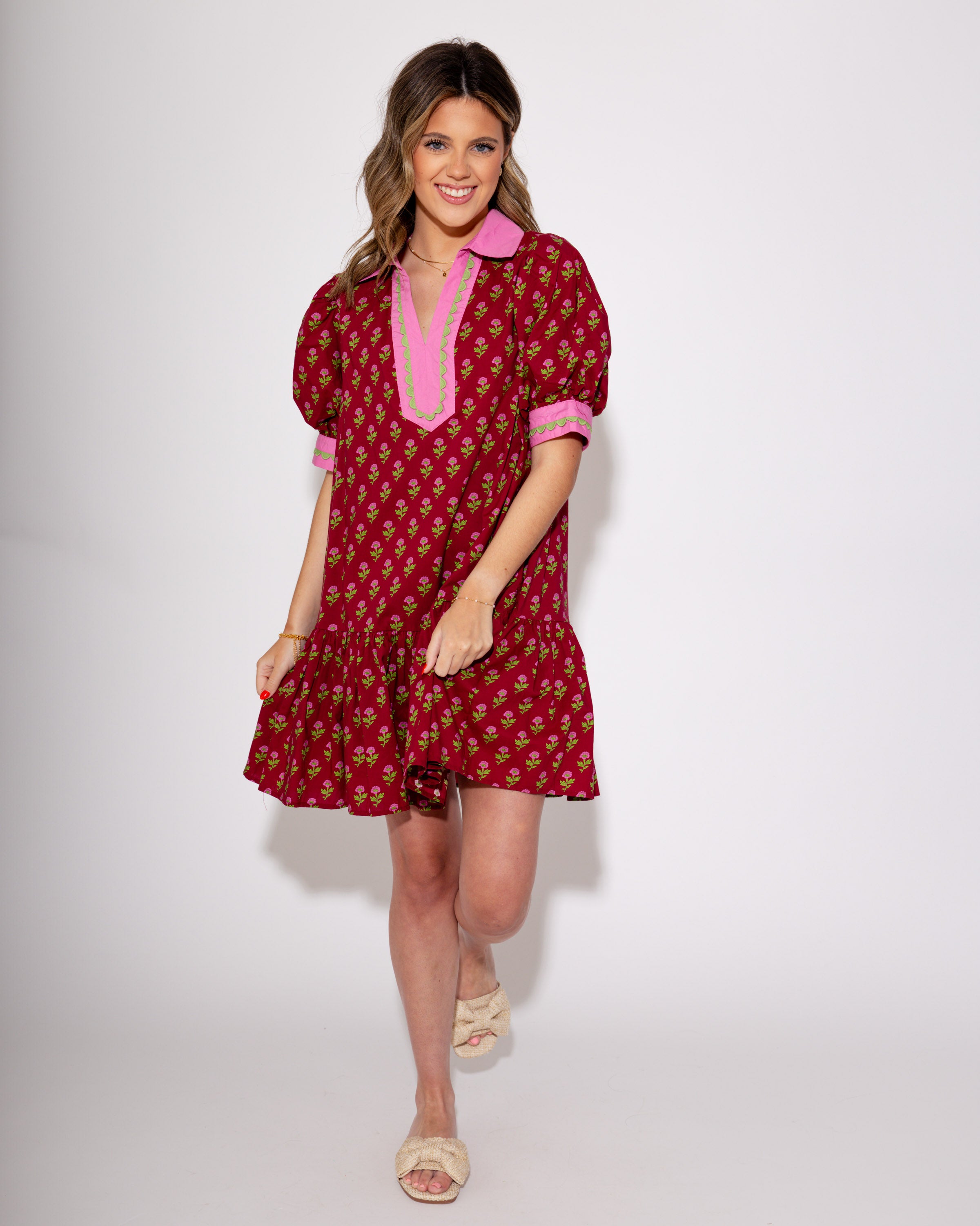 The Floral Flounce Mini Dress in Burgundy