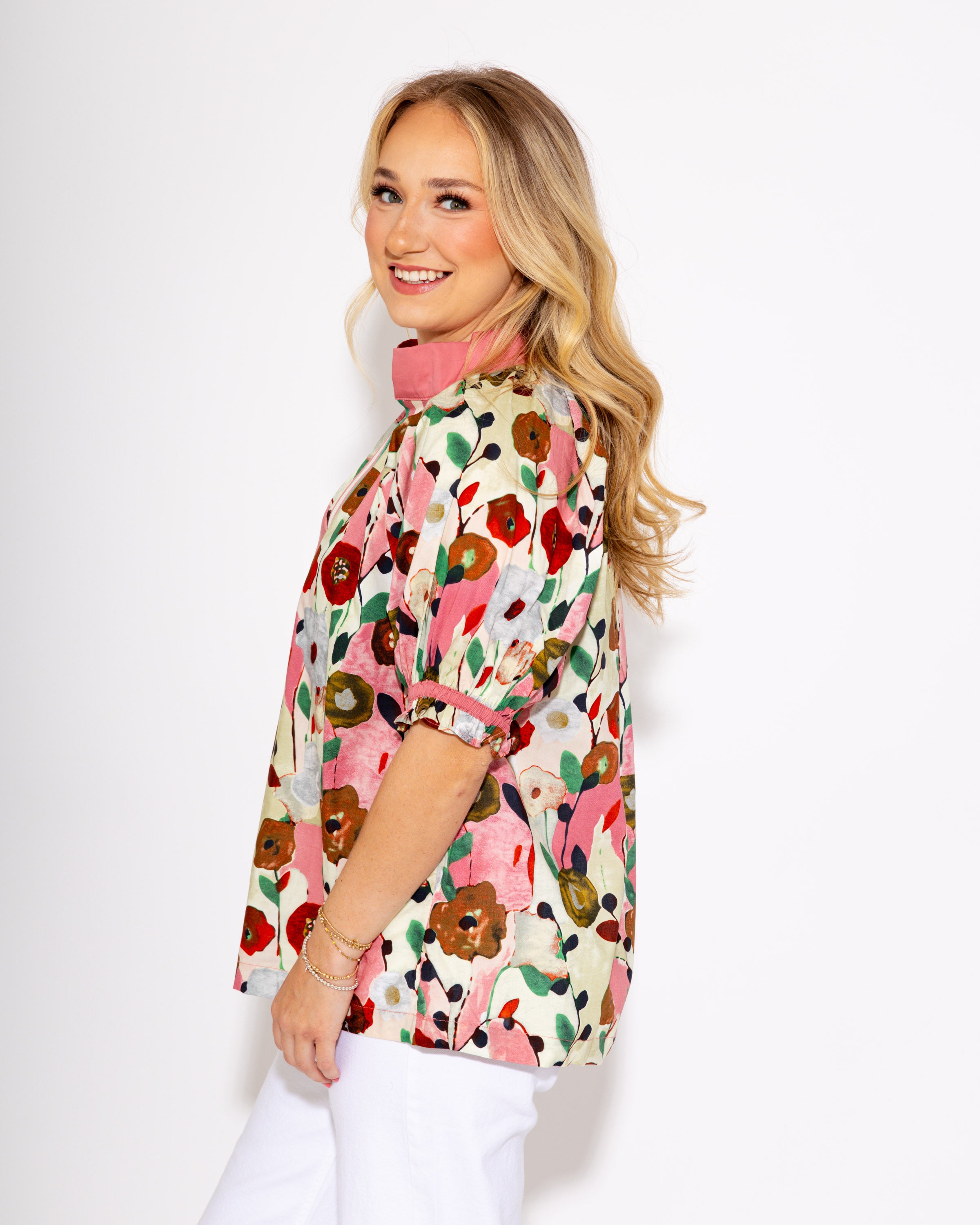 Gardenline Puff Sleeve Top in Pink