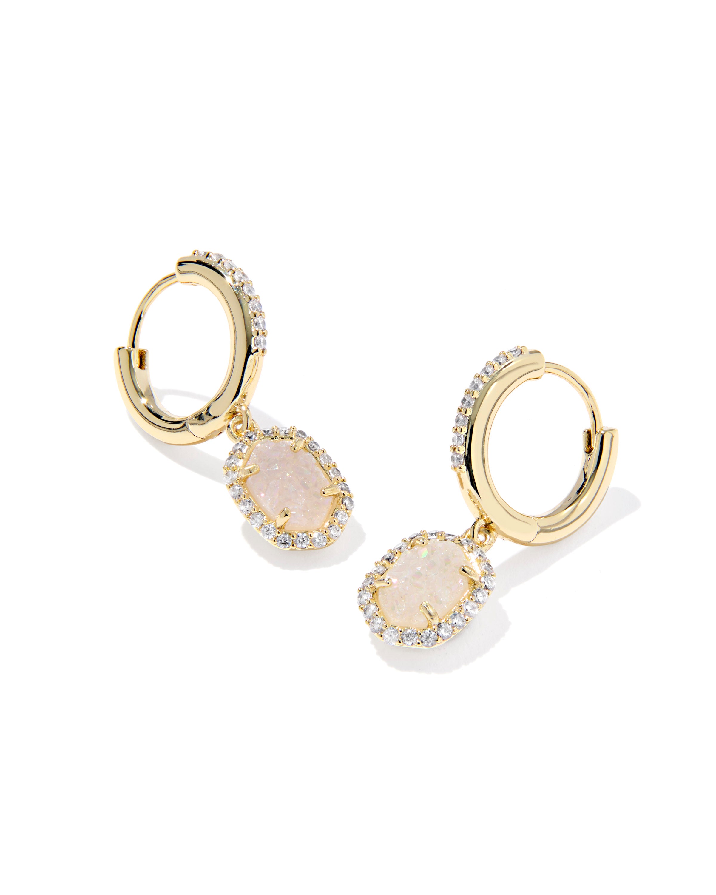 Daphne Crystal Frame Huggie Earring in Gold Iridescent Drusy
