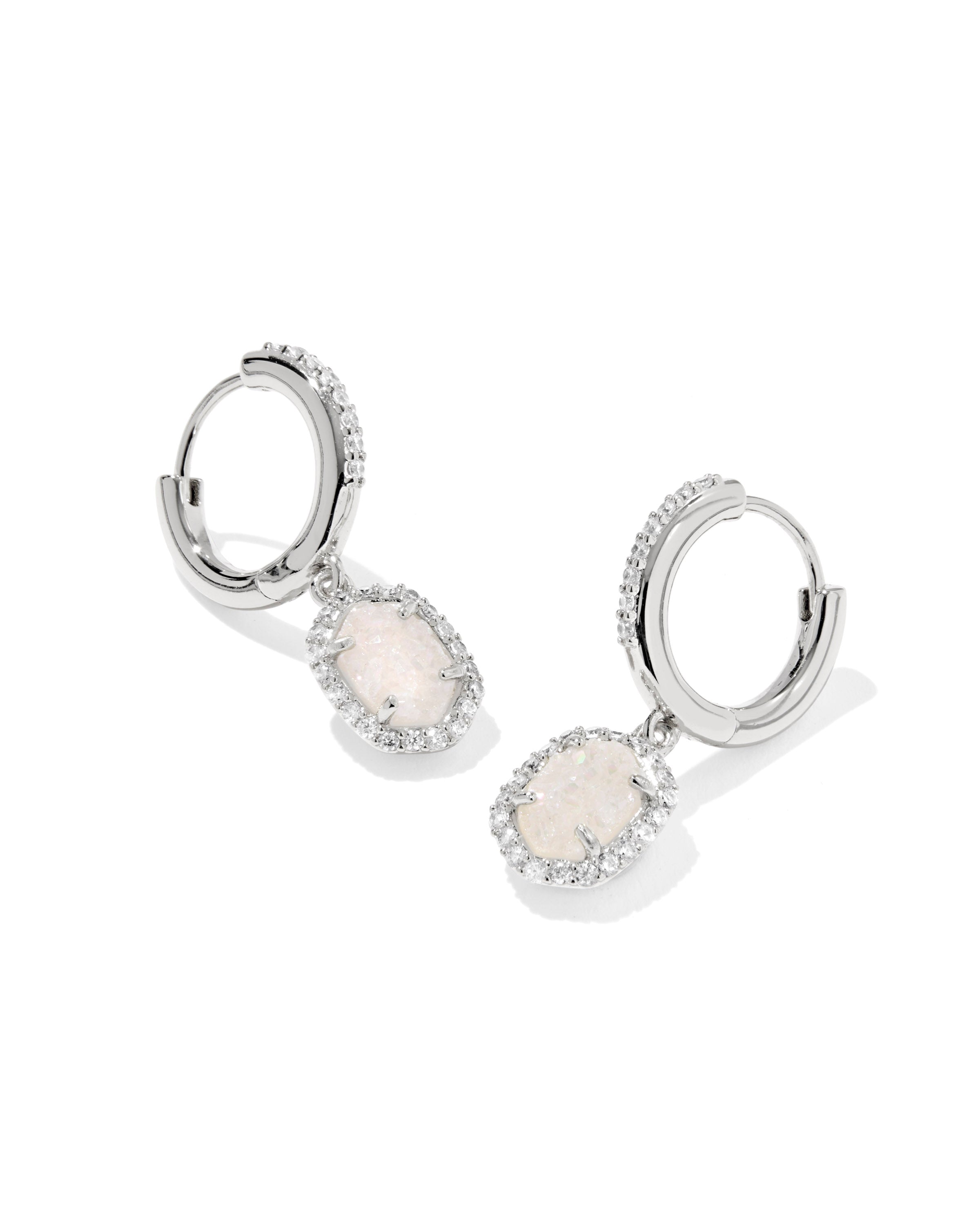 Daphne Crystal Frame Huggie Earring in Silver Iridescent Drusy