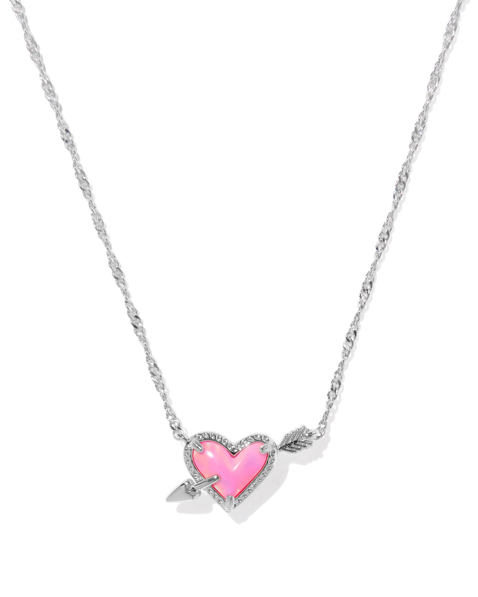 Ari Heart Arrow Pendant Necklace Silver Pink Opalscent Resin