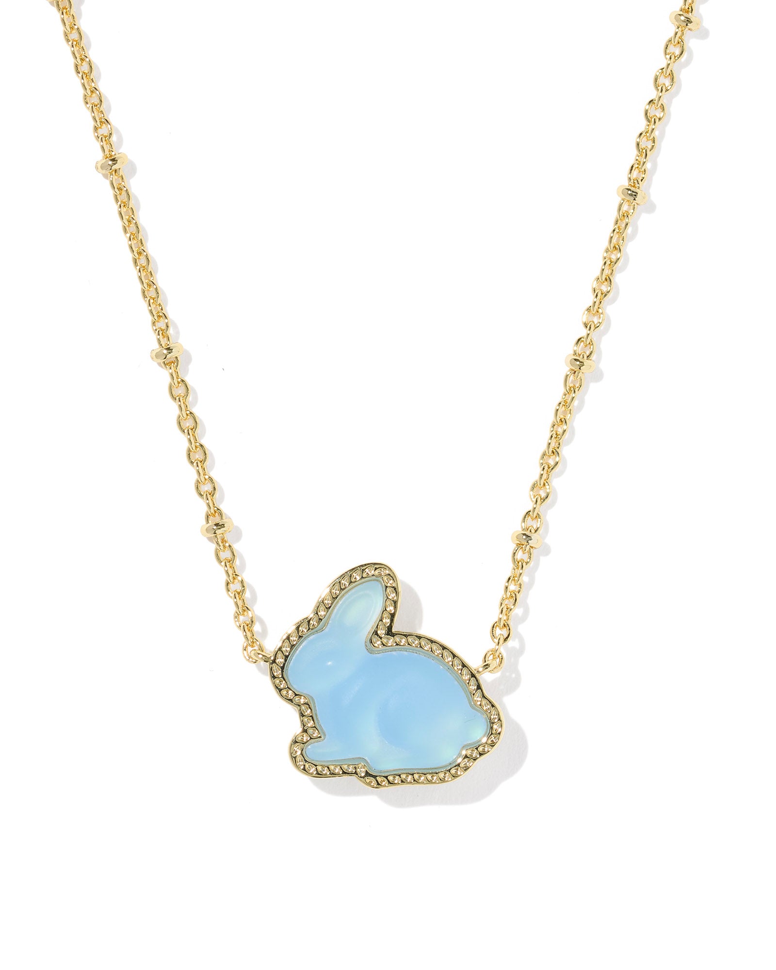 Bunny Short Pendant Necklace In Gold matte light blue dichroic glass