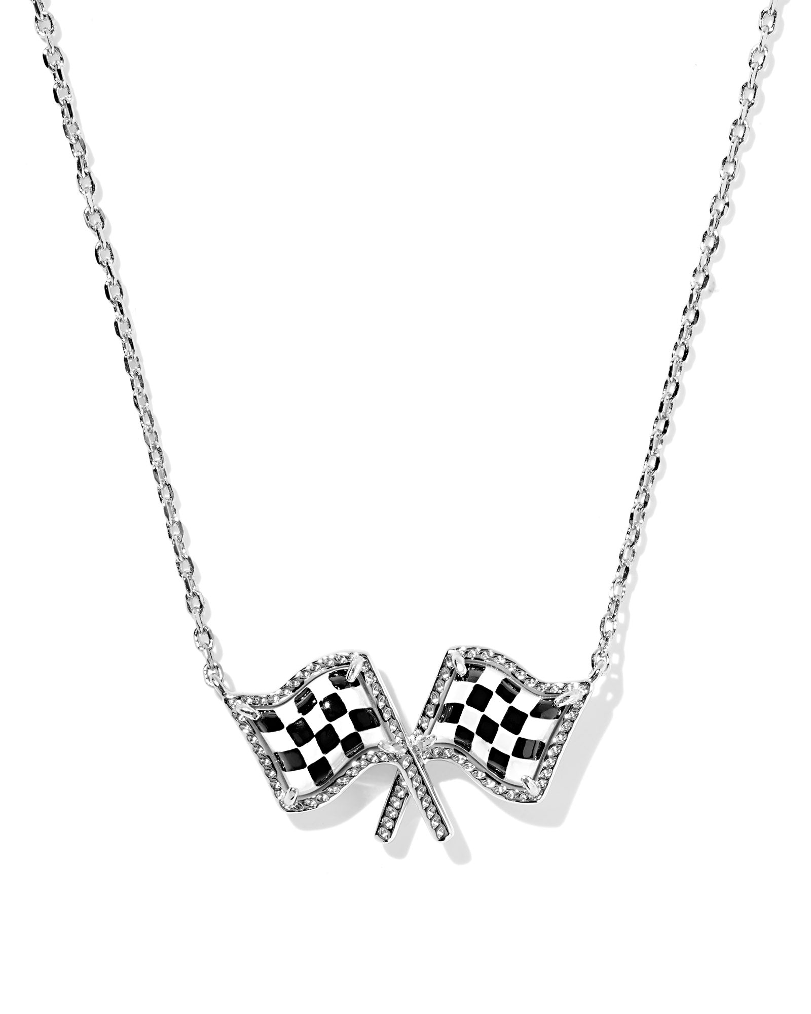 Checkered flag pendant necklace Silver White Mother of Pearl