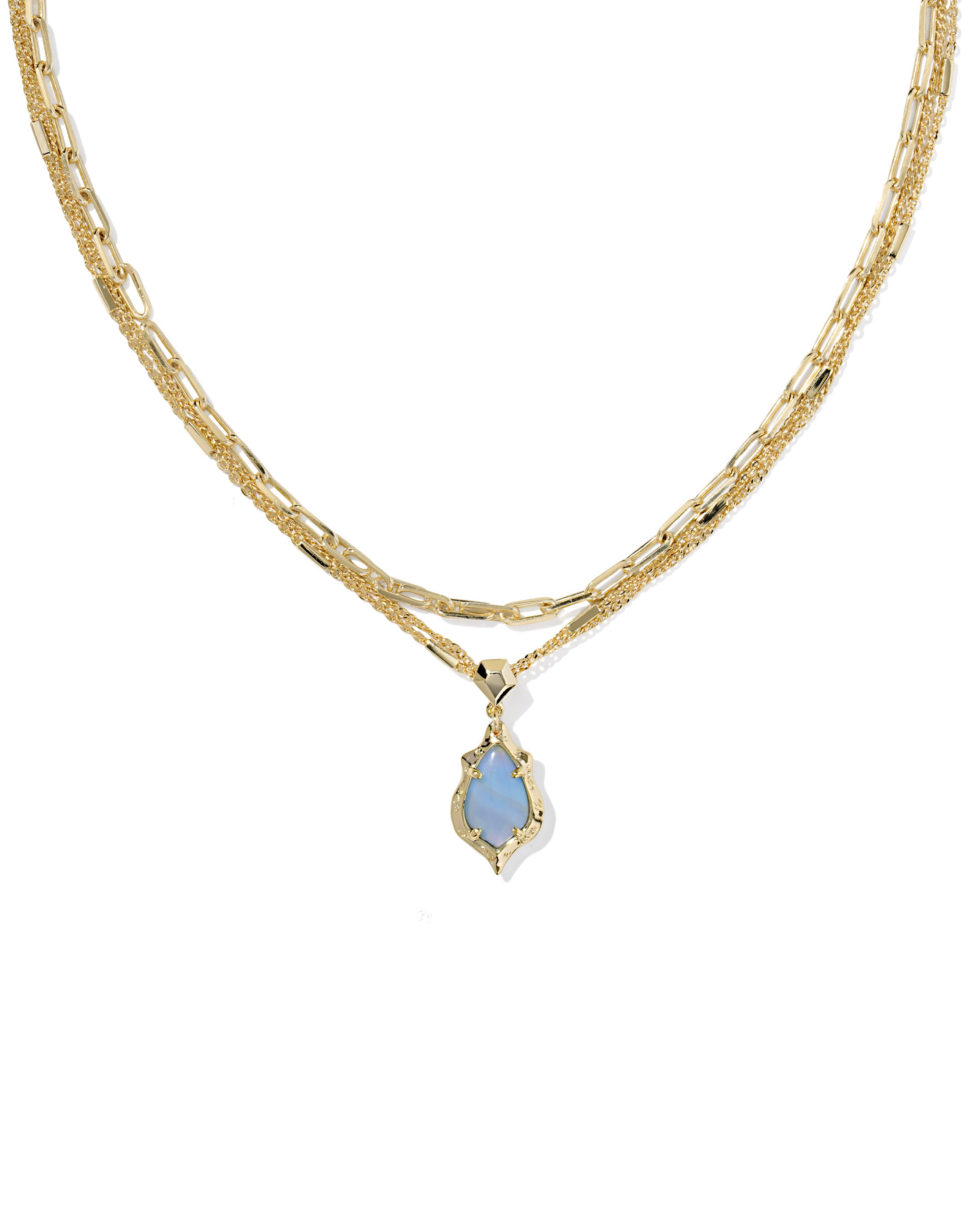 Adriana Scallop Frame Gold Multi Strand Necklace Sky Blue Iridescent Abalone