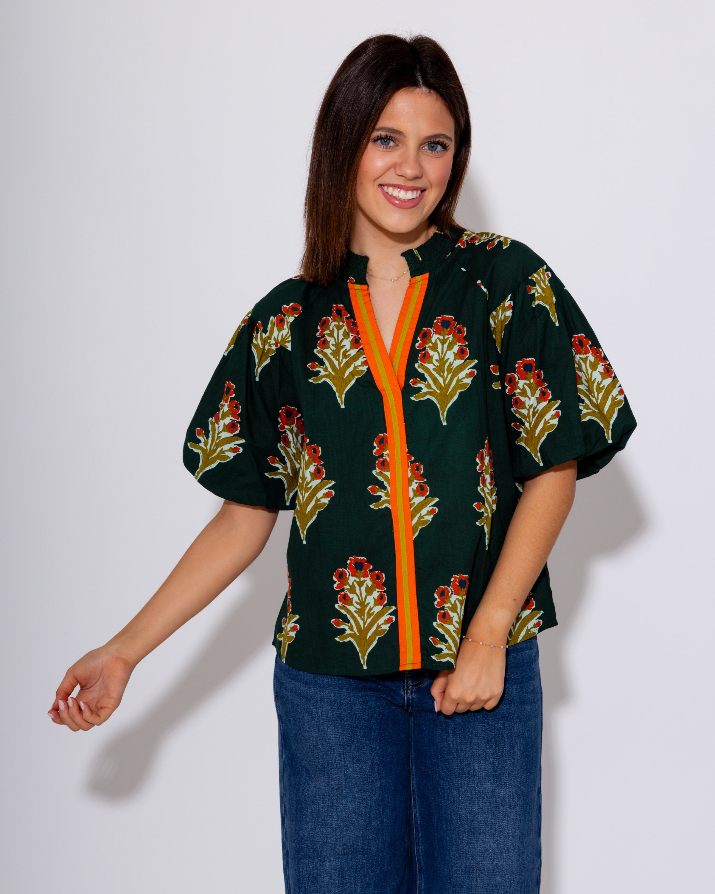 Green Puff Sleeve Floral Top