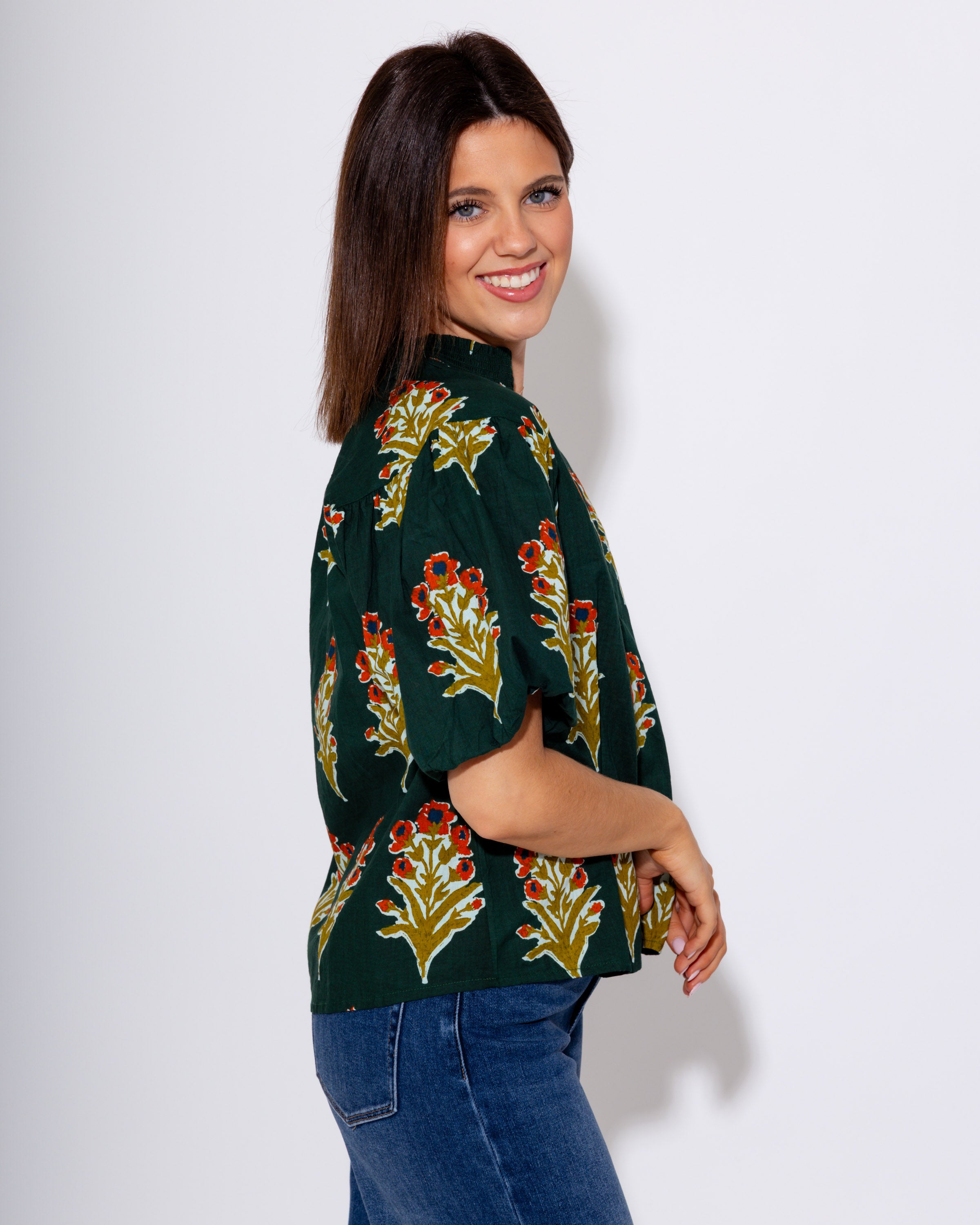 Green Puff Sleeve Floral Top