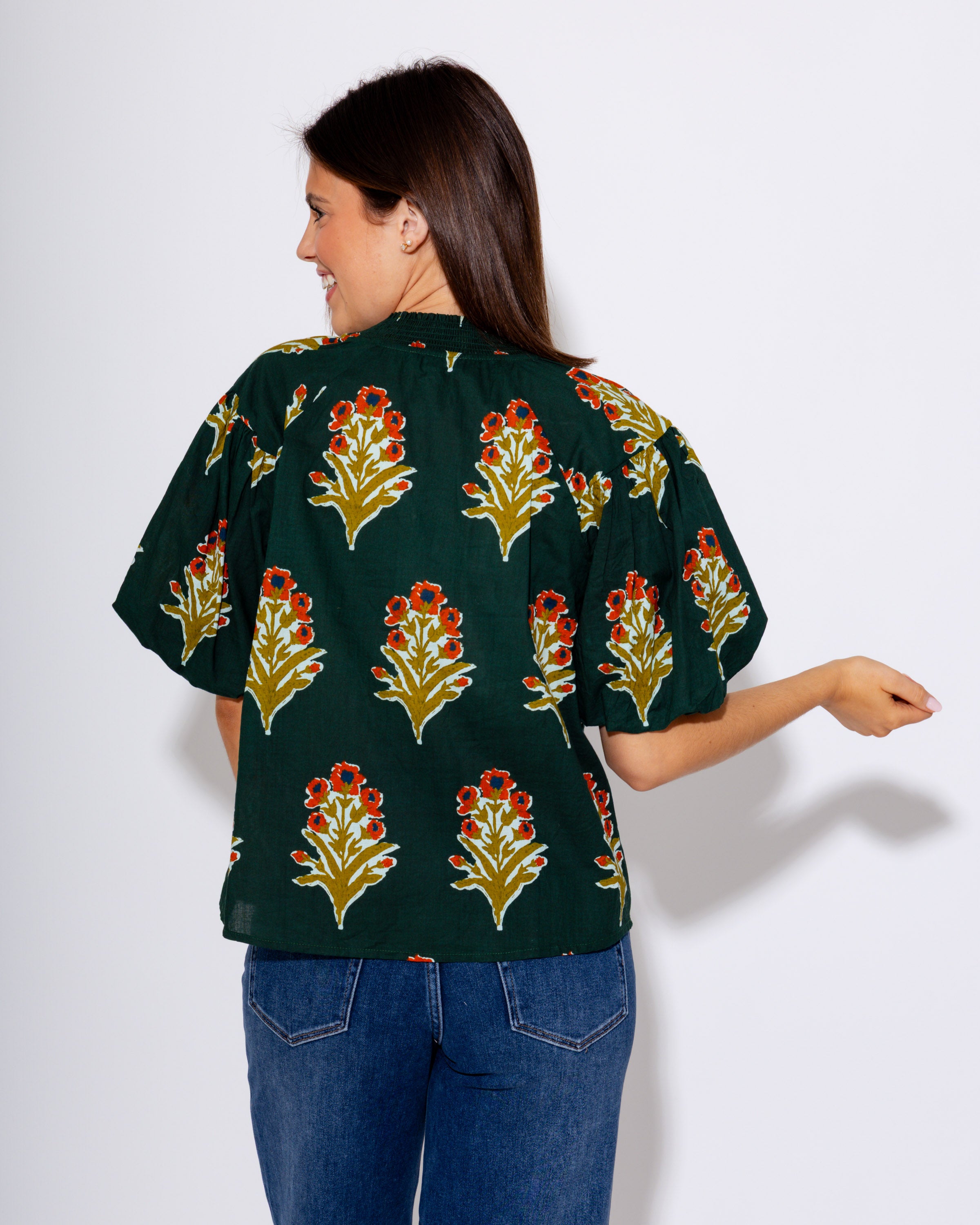 Green Puff Sleeve Floral Top