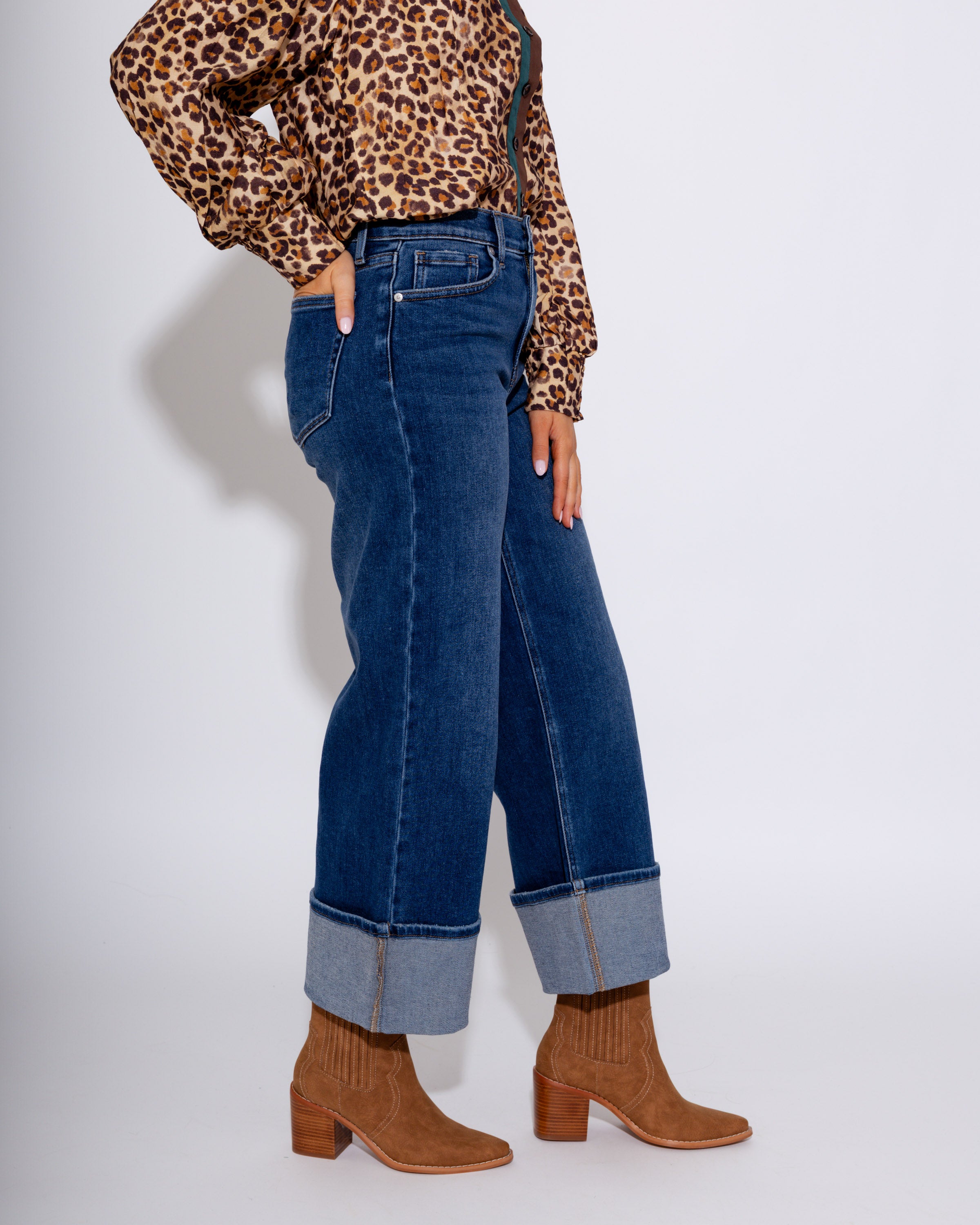 Petite Cuffed Slim Wide Leg Jeans in Dark