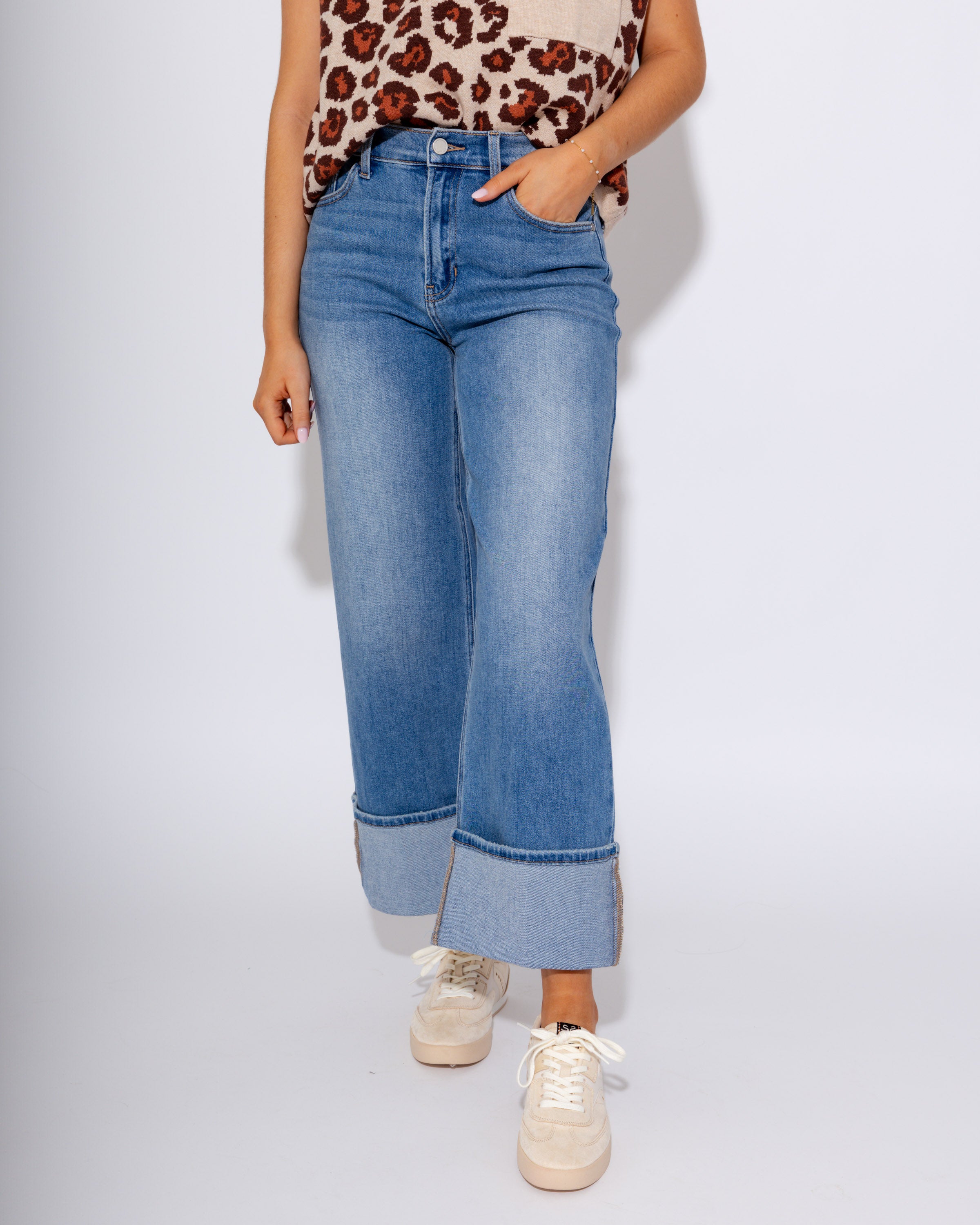 Petite Cuffed Slim Wide Leg Jeans in Medium