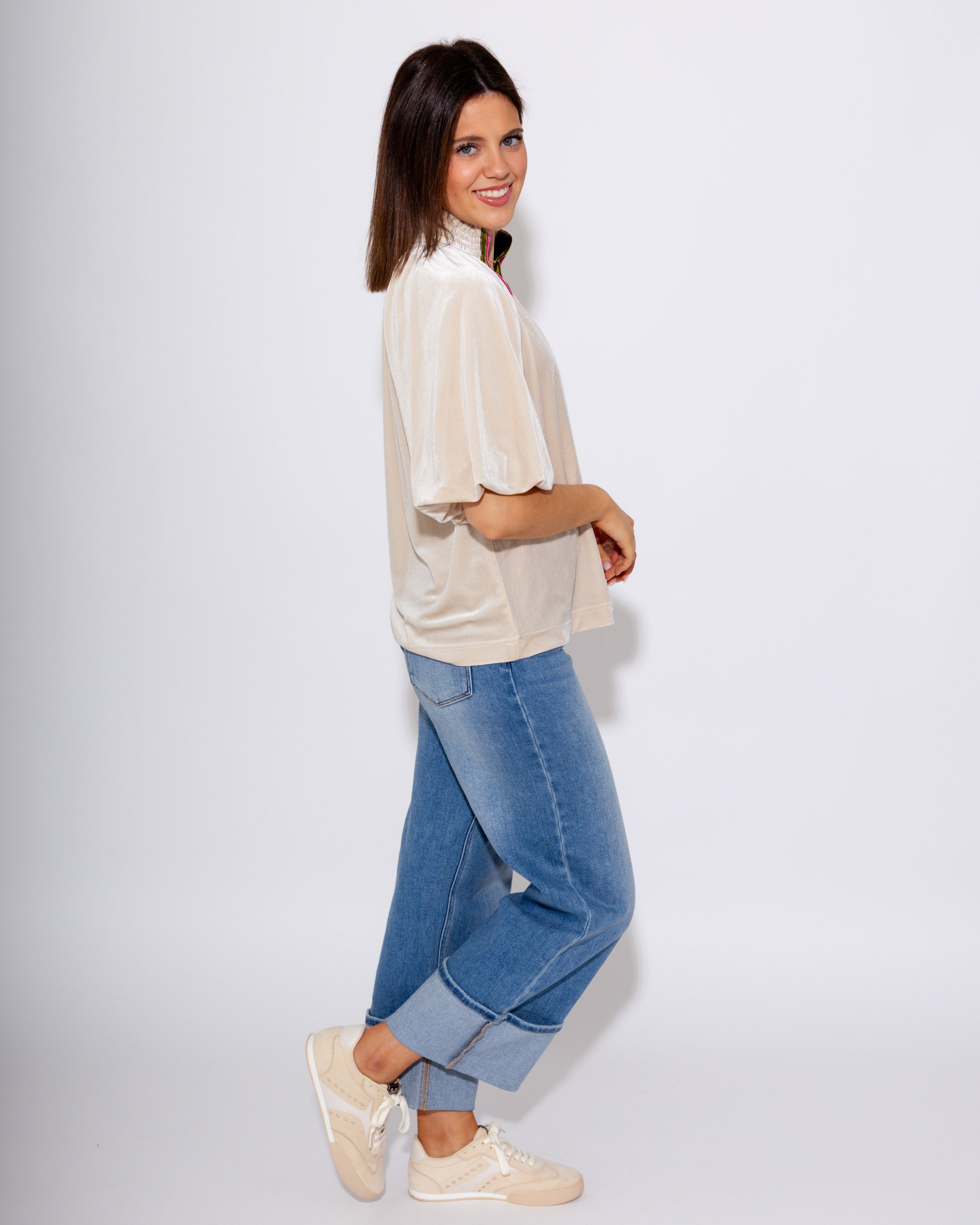 Split Neck Contrast Placket Blouse