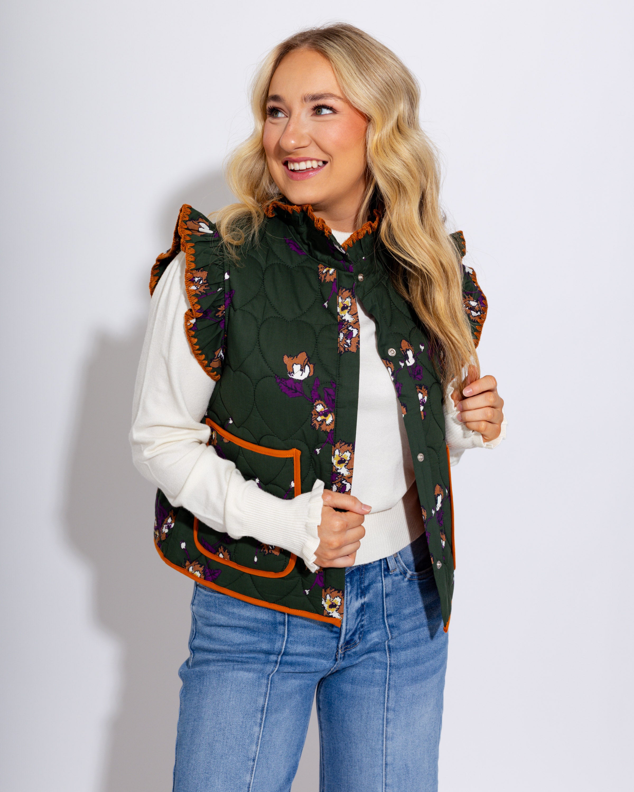 Ruffled Quilted Floral Vest
