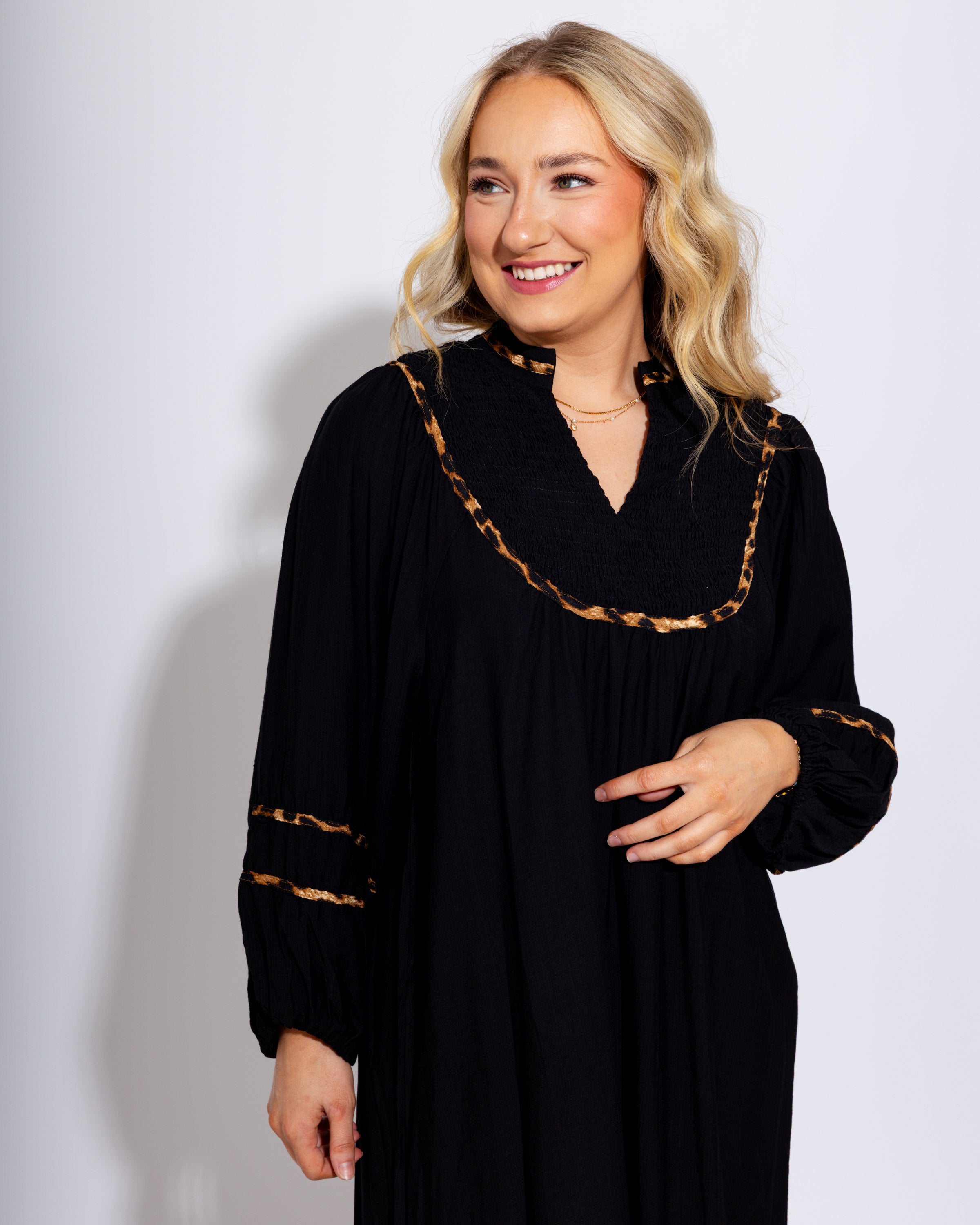 Animal Print Accent Smocked Midi Dress