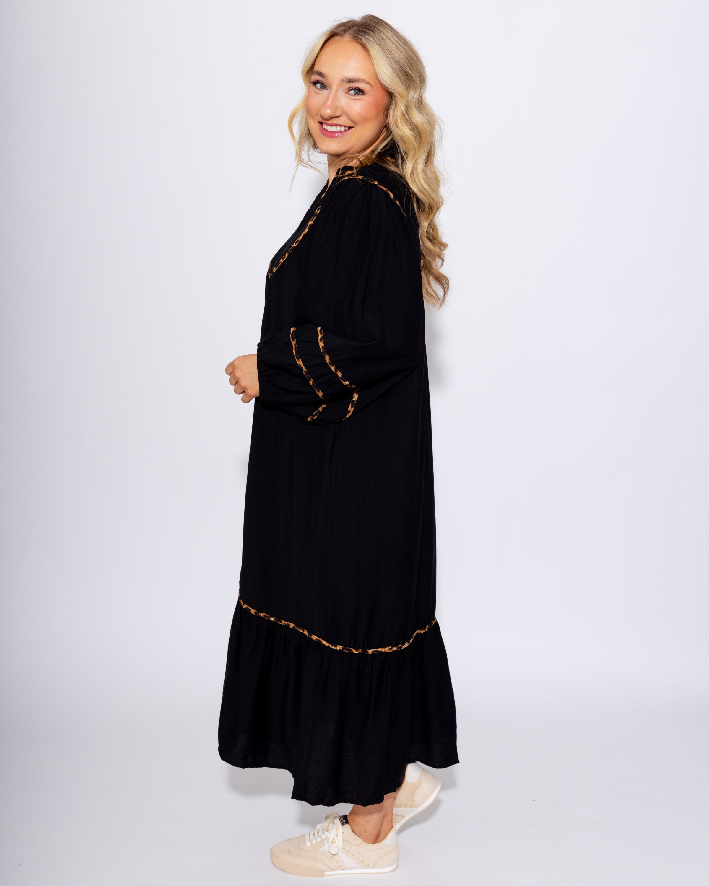 Animal Print Accent Smocked Midi Dress