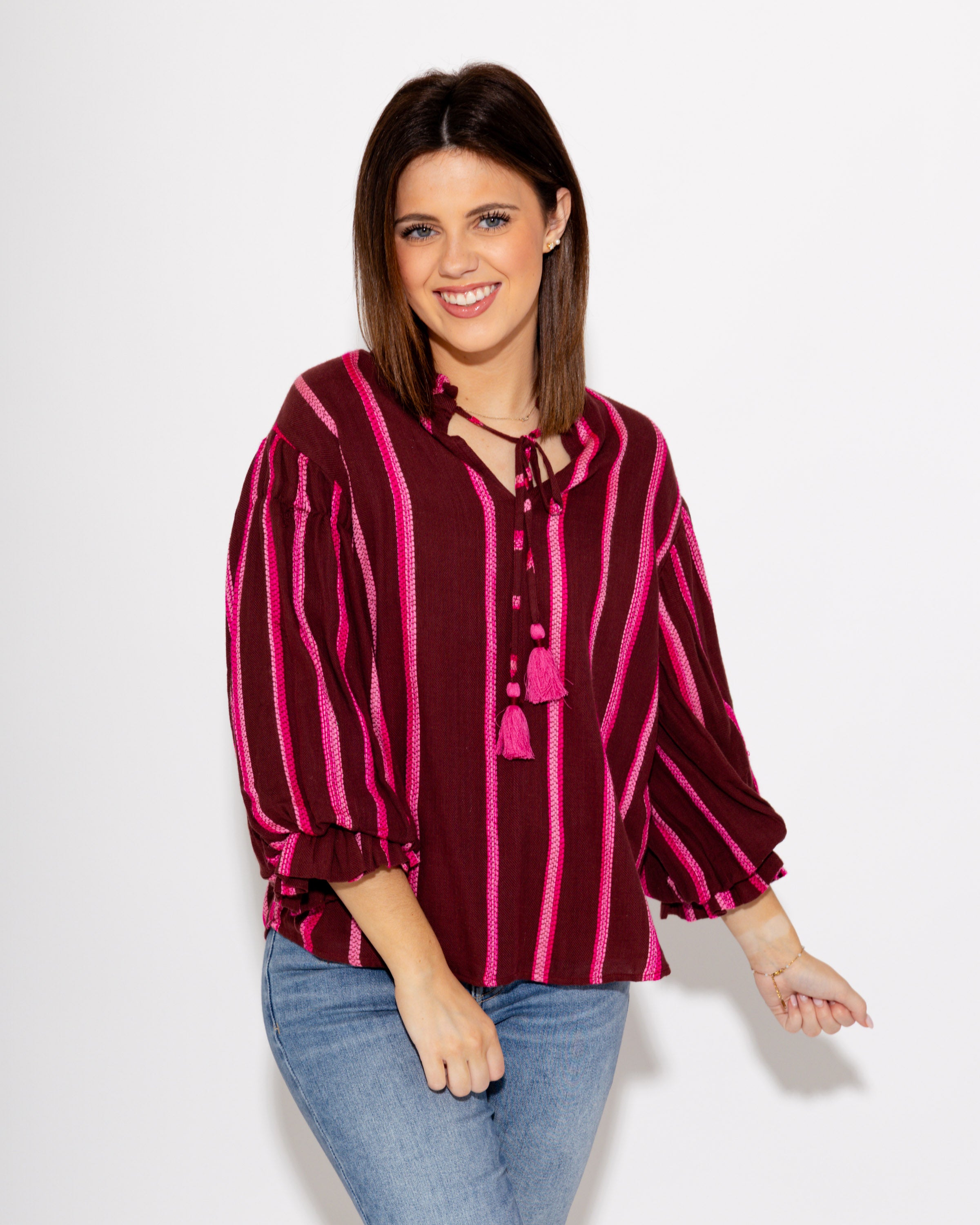 Balloon Sleeve Stripe Top in Wine